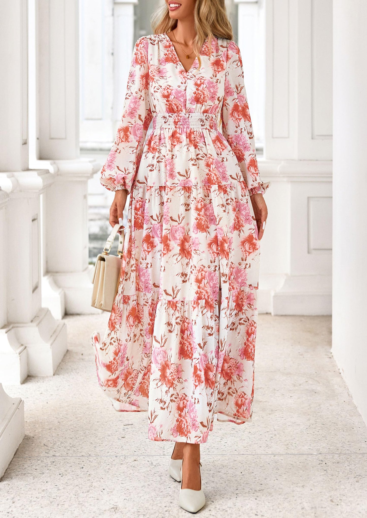 Long Sleeve Maxi Fall Dresses for Women Vneck Smocked Boho Floral Tiered Swing Flowy Wedding Guest Dress
