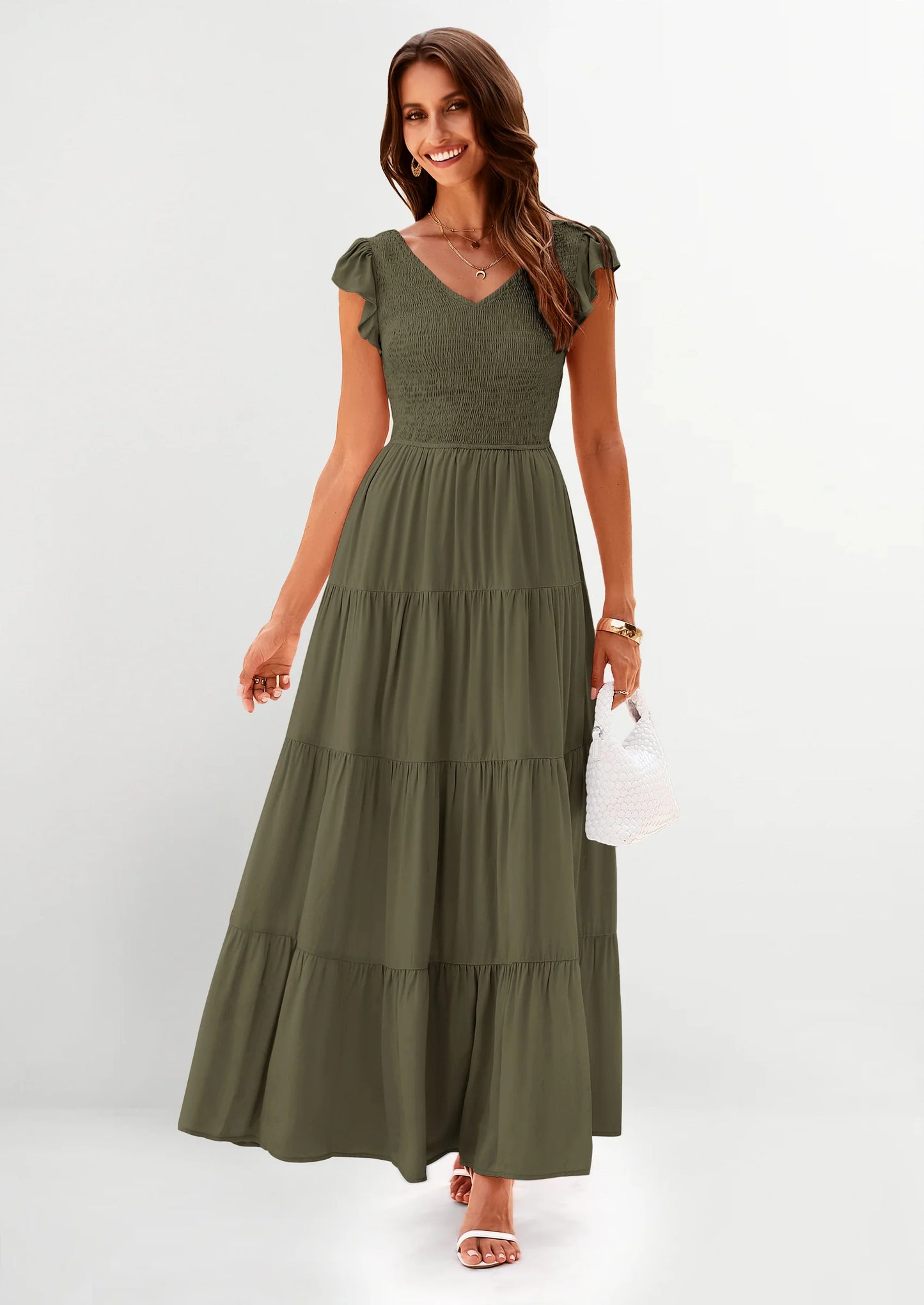 Women's Flowy Maxi Dress Casual Cap Sleeve V Neck Smocked Beach Sundress