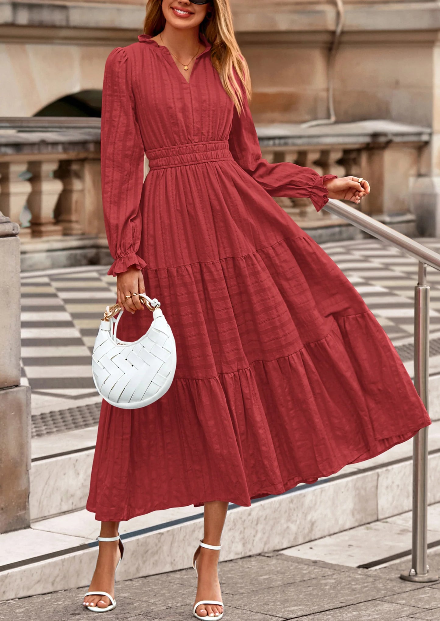 Women's Fall Wedding Guest Dresses Long Sleeve V Neck Flowy Elegant Holiday Party Maxi Dress with Pockets