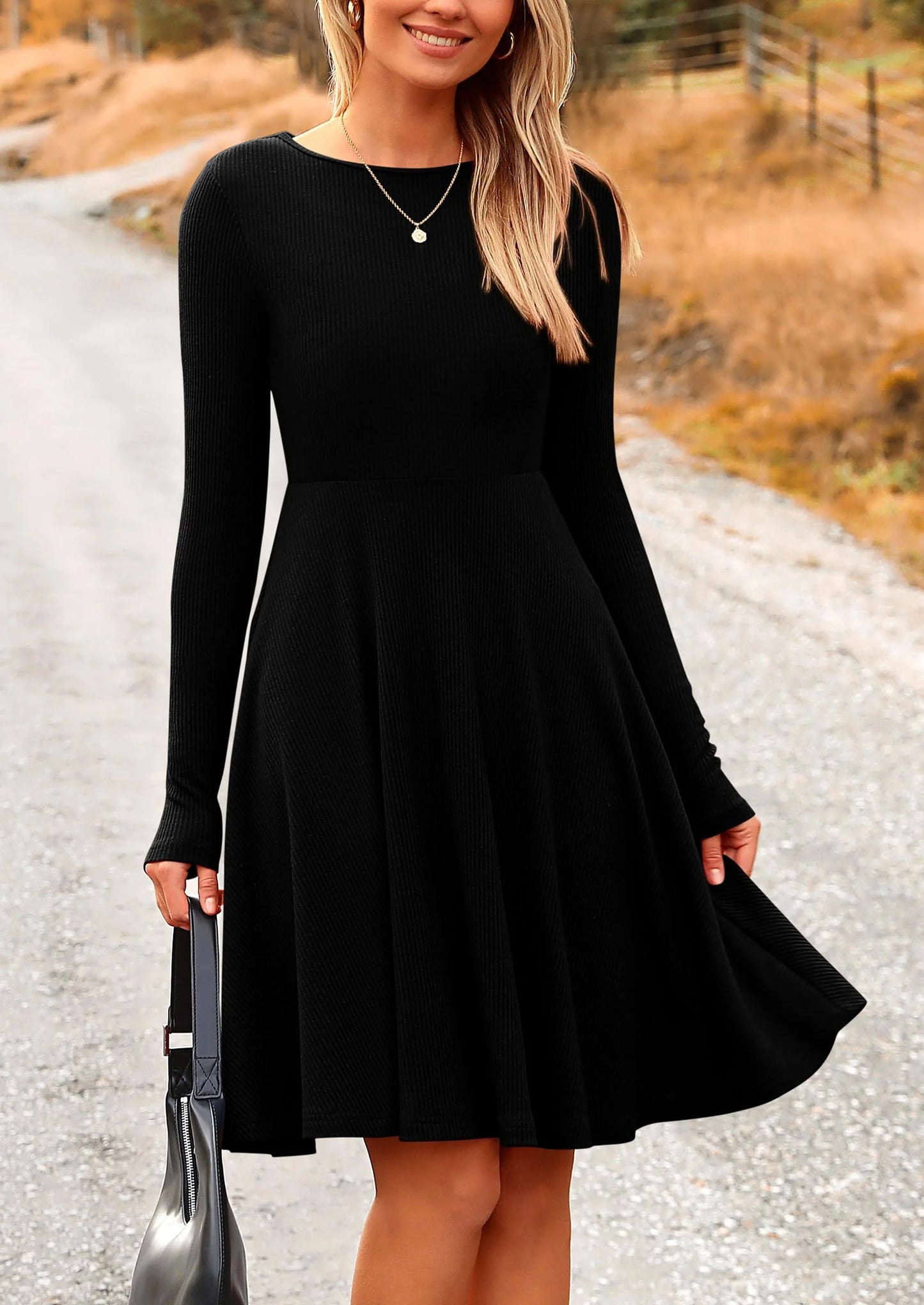 Women's Spring Fall Short Dress Ribbed Knit Crewneck Long Sleeve A Line Flowy Casual Elegant Going Out Dresses