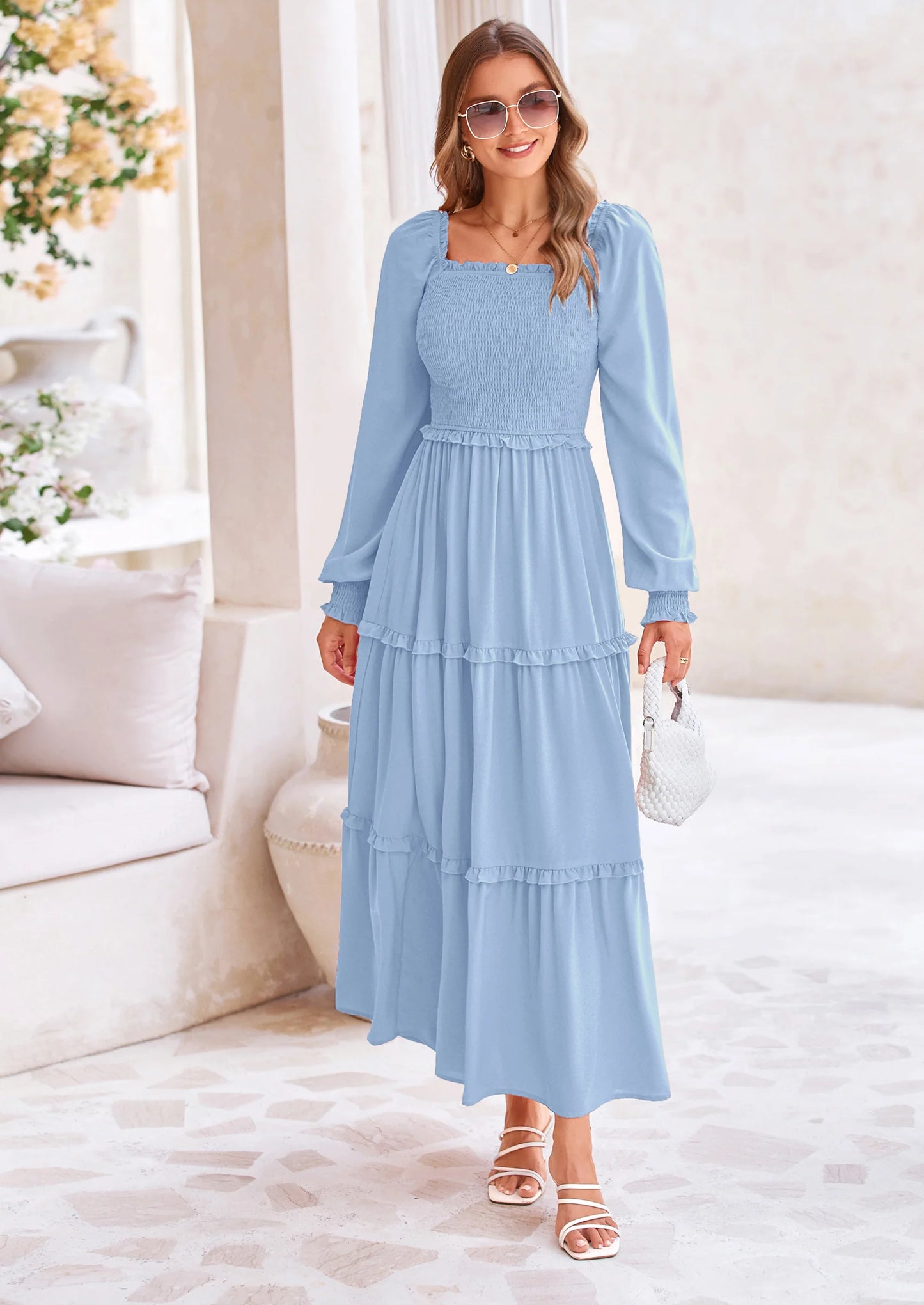 Fall Wedding Guest Dresses for Women Long Sleeve Square Neck Tiered A Line Modest Elegant Flowy Dresses