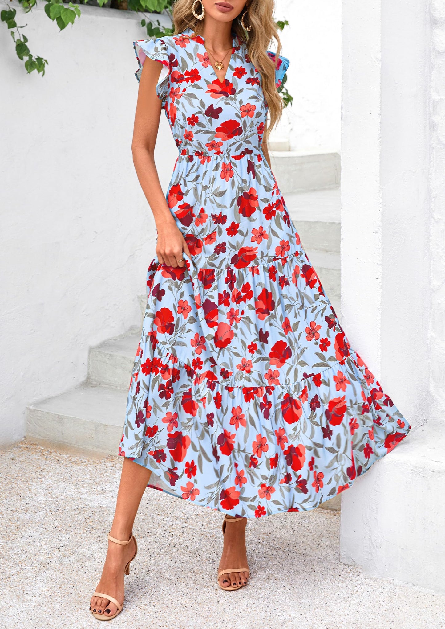 Women's Summer Floral Midi Dress Cap Sleeve V Neck Ruffle Long Flowy Boho Casual Beach Vacation Dresses