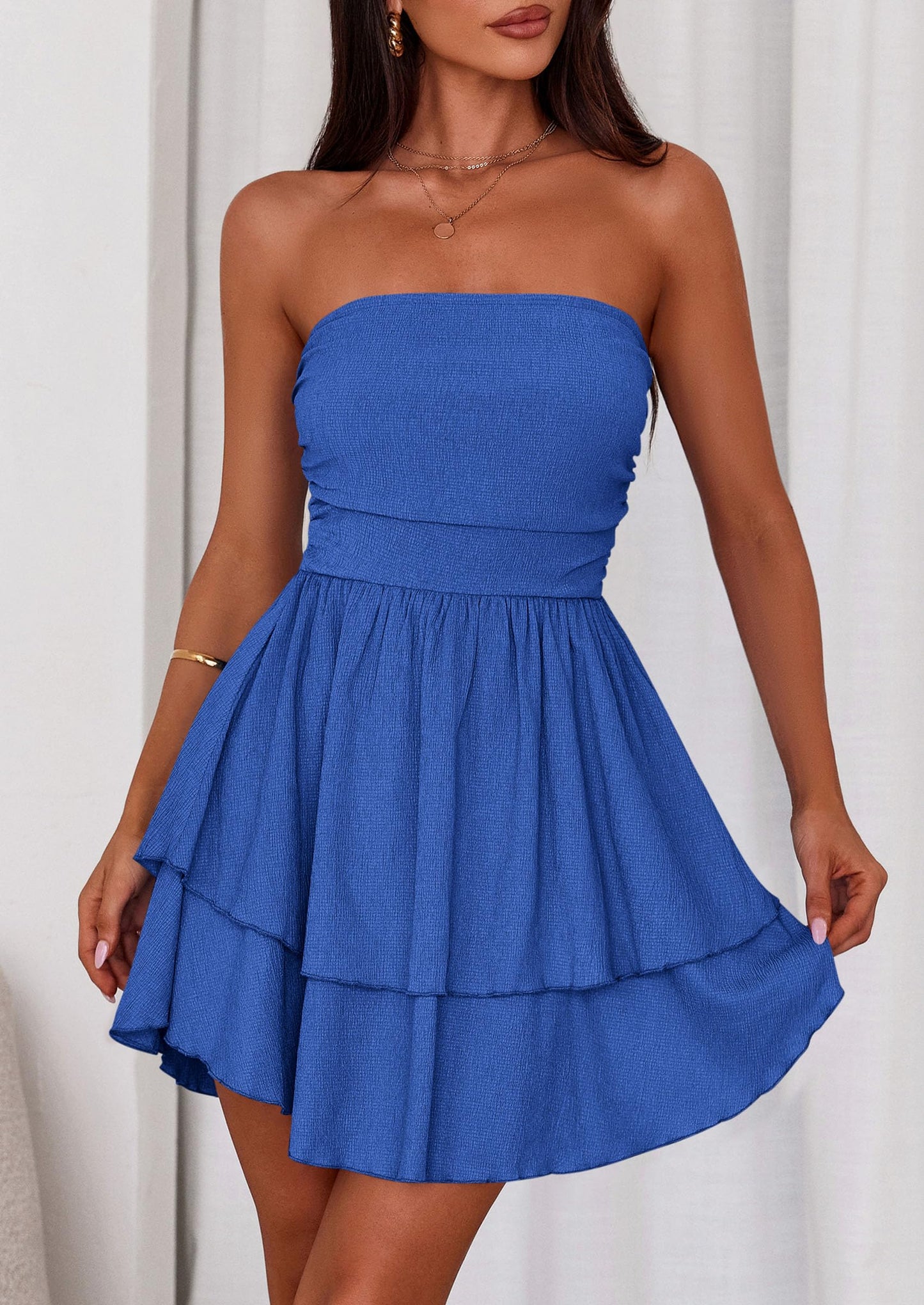 Women's Summer Strapless Tube Mini Dress Off Shoulder Smocked Ruffle A Line Flowy Short Party Club Dresses