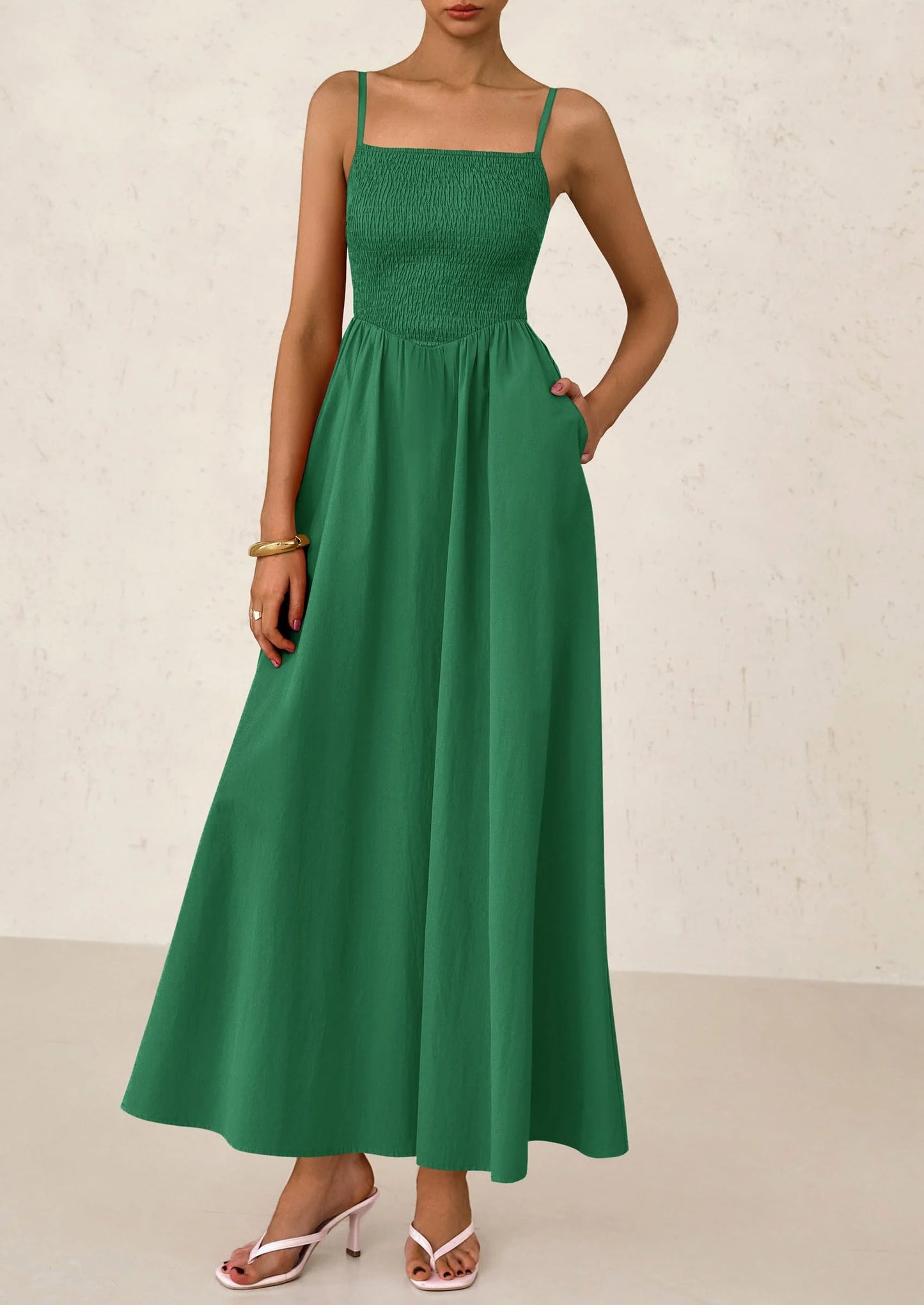 Women's Smocked Maxi Dresses Beach Sundress Casual Spaghetti Strap Swing A Line Long Flowy Dress
