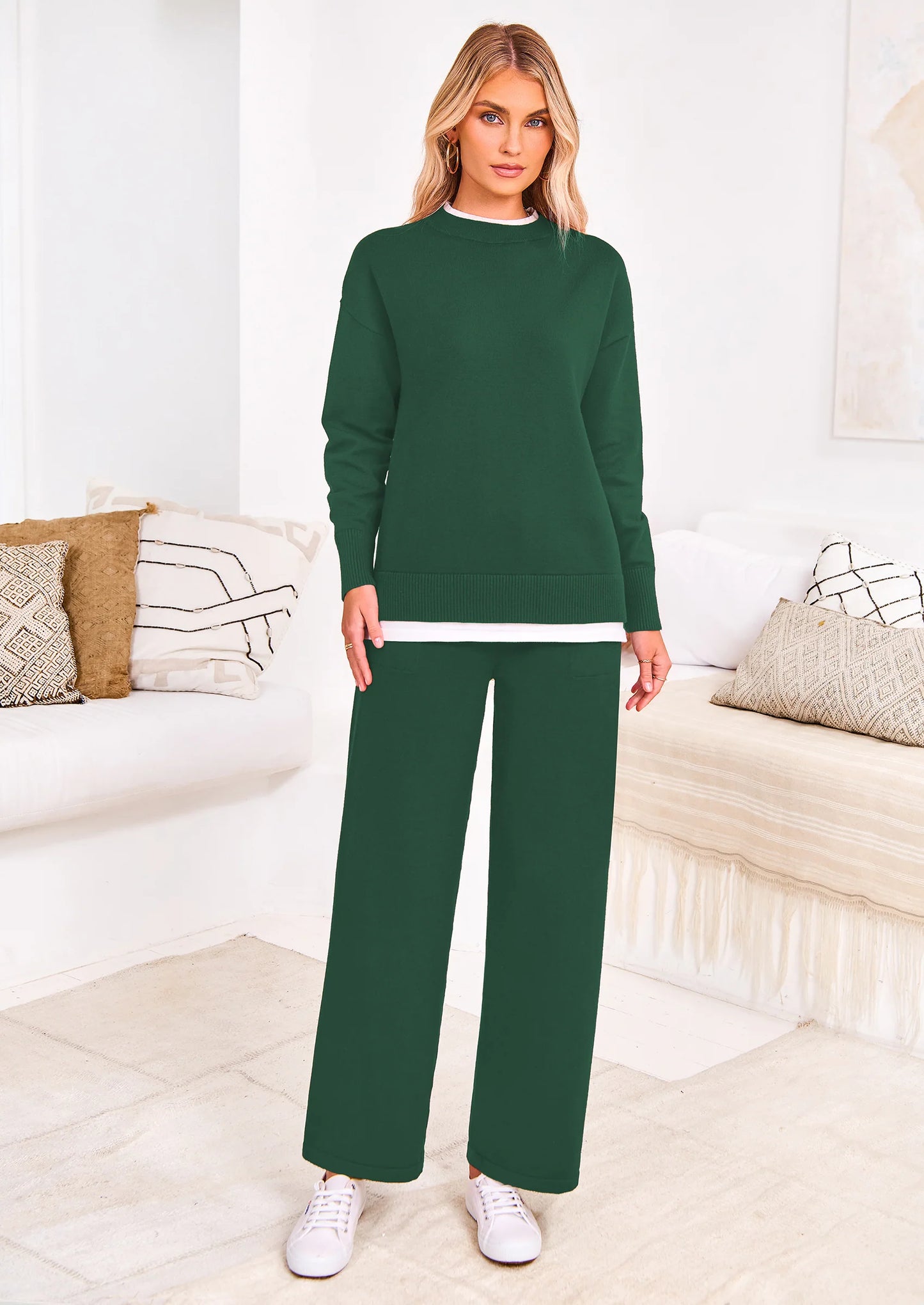 Two Piece Matching Sweater Lounge Sets Knit Long Sleeve Pullover Tops Wide Leg Pants