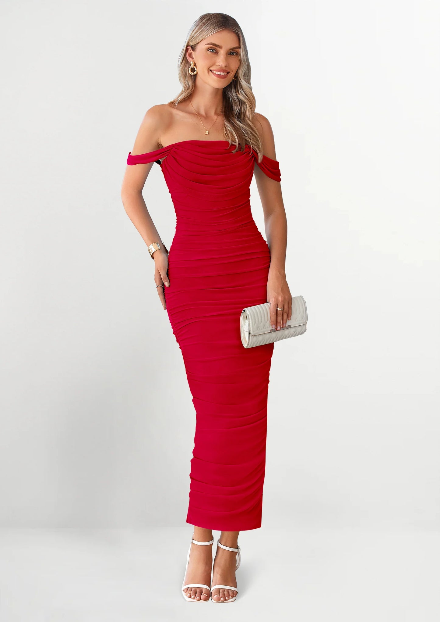 Womens Off The Shoulder Dress Ruched Bodycon Sleeveless Split Cocktail Party Maxi Dresses