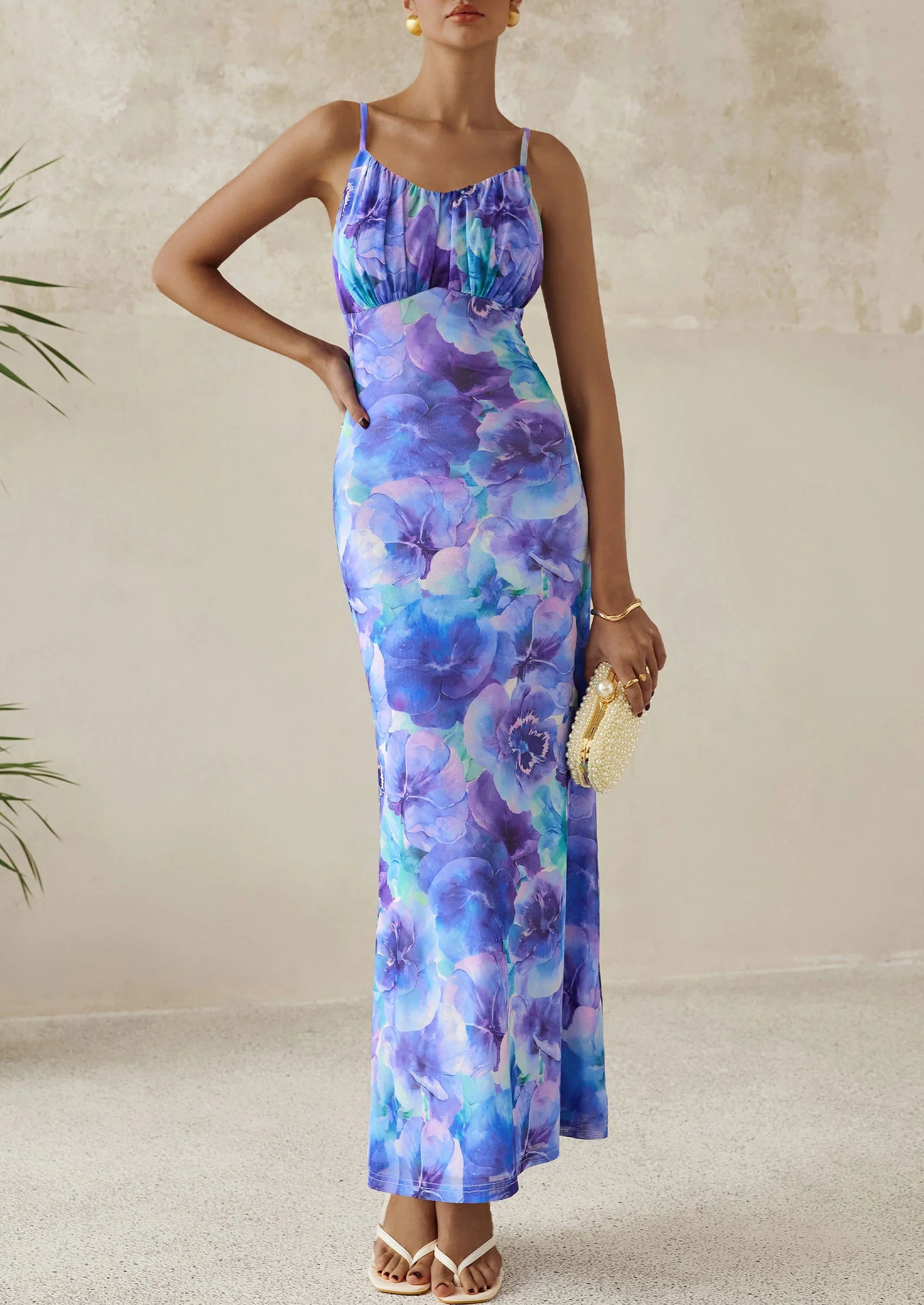 Women's Bodycon Maxi Dress Floral Sundress Sleeveless Spaghetti Strap Cocktail Party Dress