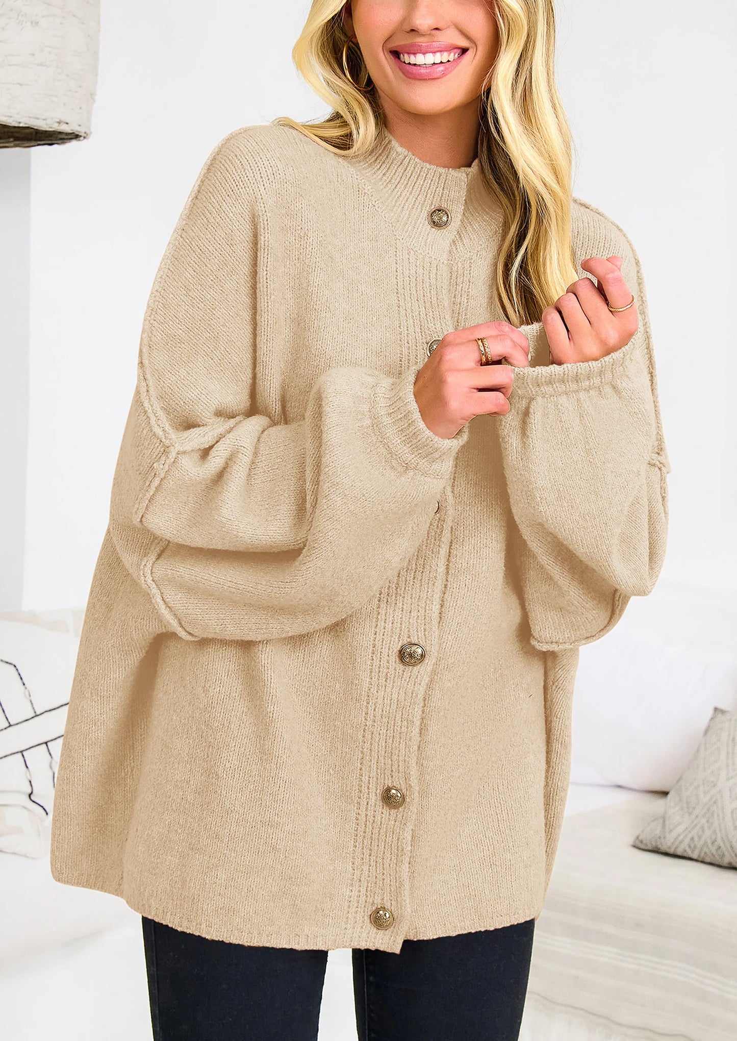 Women's Winter Button Down Cardigan Sweaters Mock Neck Lantern Long Sleeve Chunky Knit Jacket Trendy Outerwear