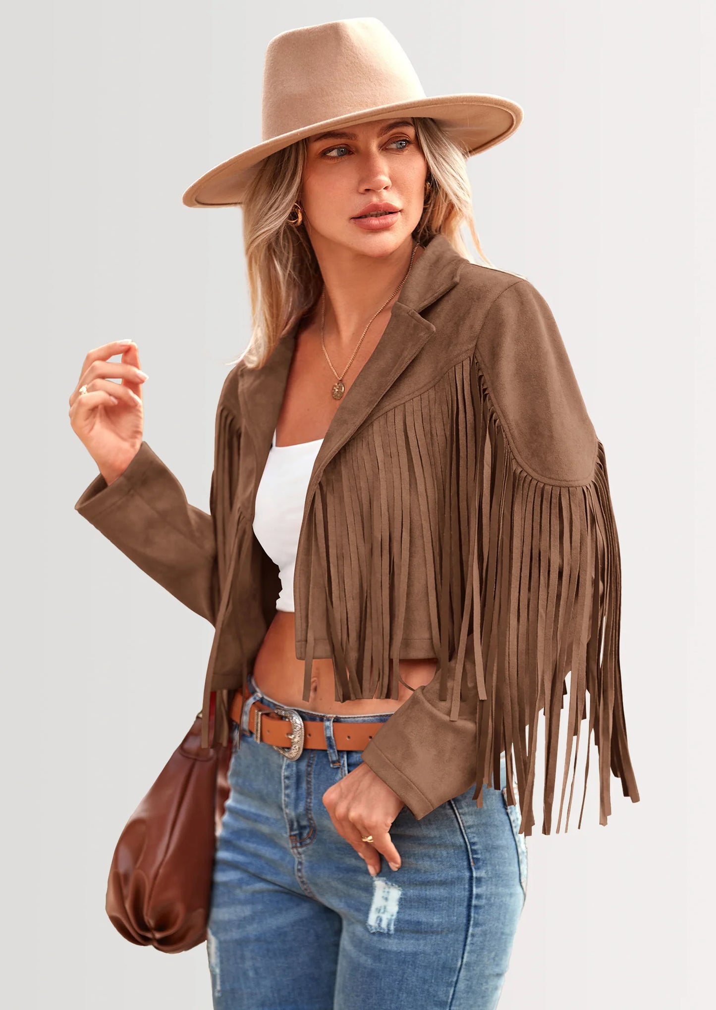 Women's Fringe Faux Suede Leather Jackets Fashion Tassel Motorcycle Cropped Coats
