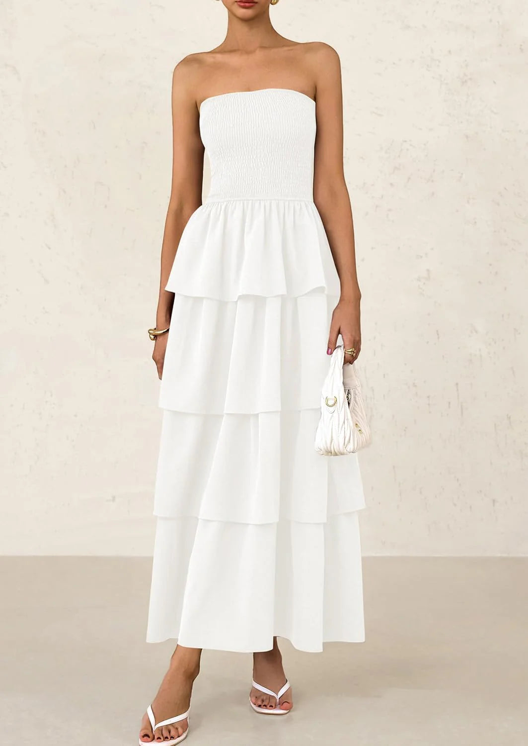 Maxi Dresses for Women Off Shoulder Smocked Tiered Ruffle Long Flowy Wedding Guest Dress