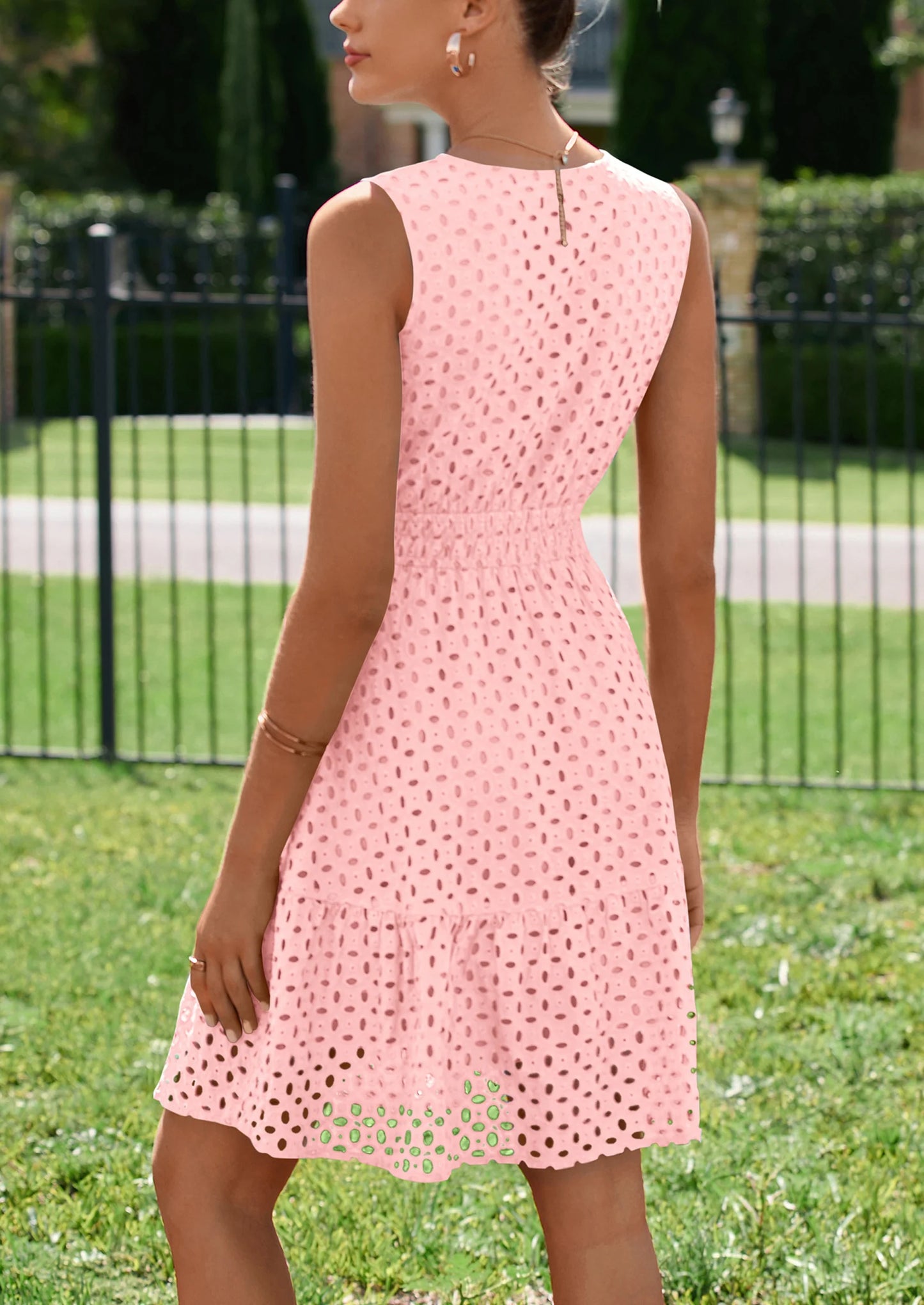 Women's Summer Dresses Sleeveless V Neck Eyelet Hollow Out Swing A Line Beach Vacation Sun Dress