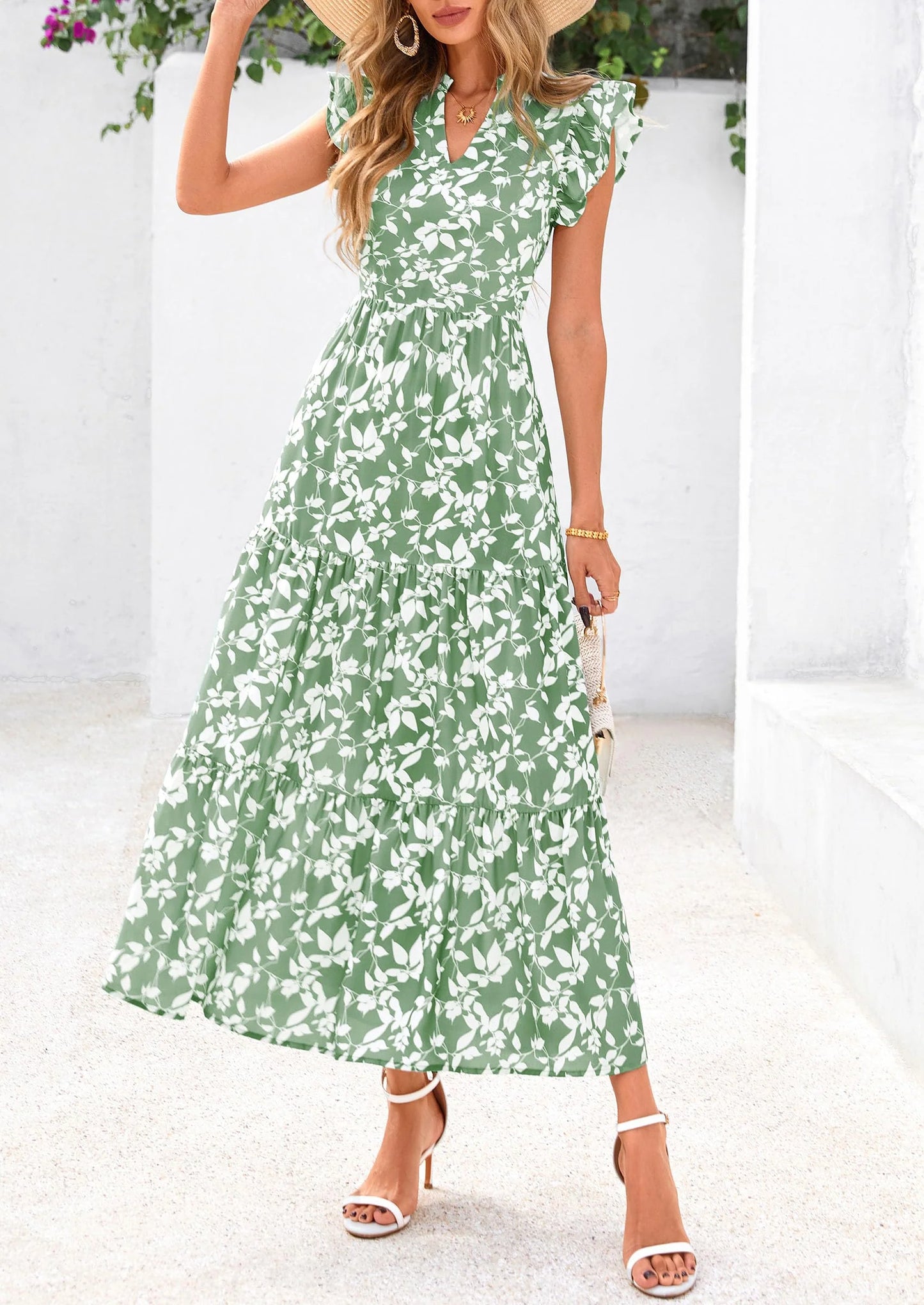 Women's Summer Floral Midi Dress Cap Sleeve V Neck Ruffle Long Flowy Boho Casual Beach Vacation Dresses