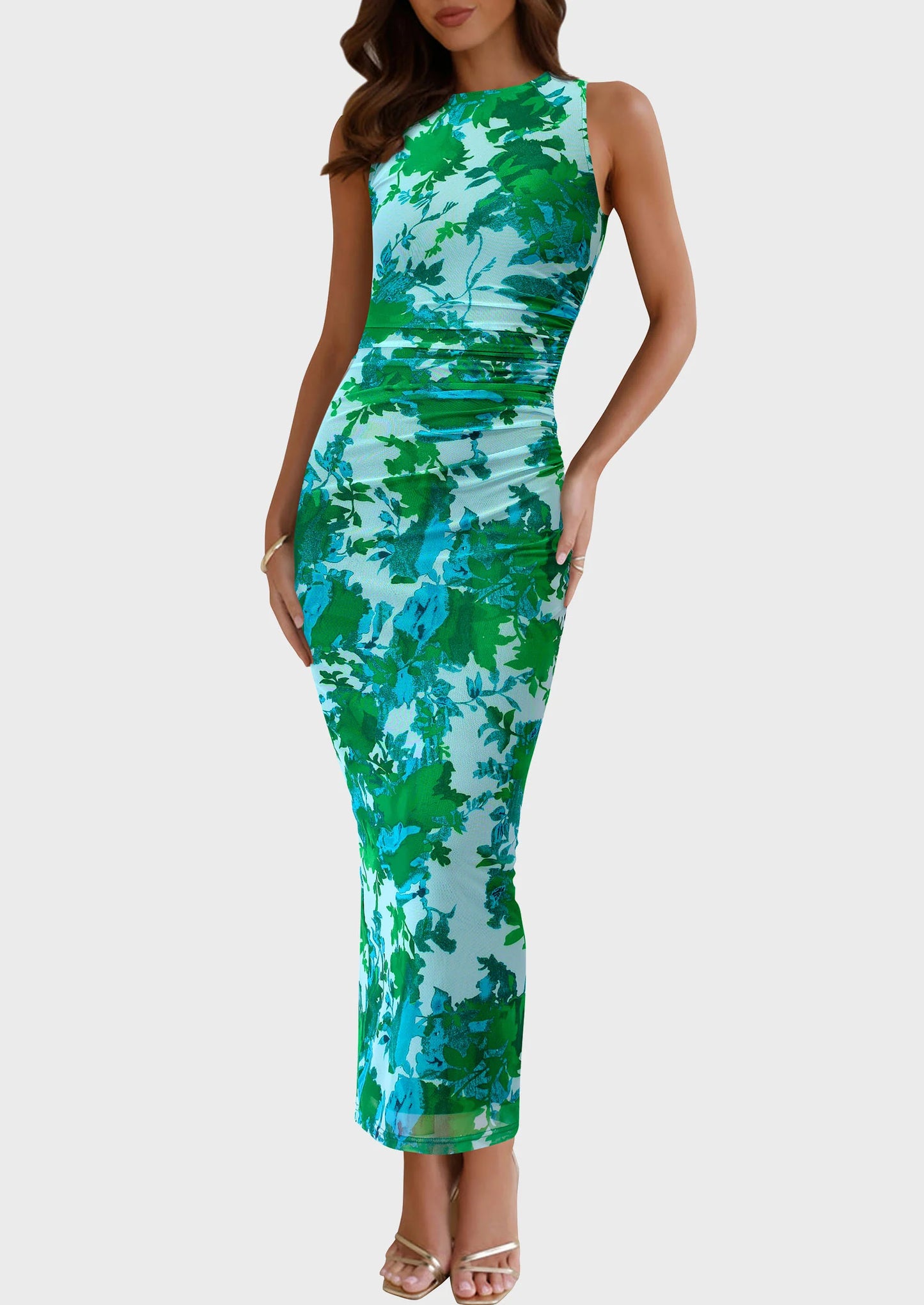 Wedding Guest Dresses for Women Spring Floral Bodycon Sleeveless Mesh Maxi Long Dress