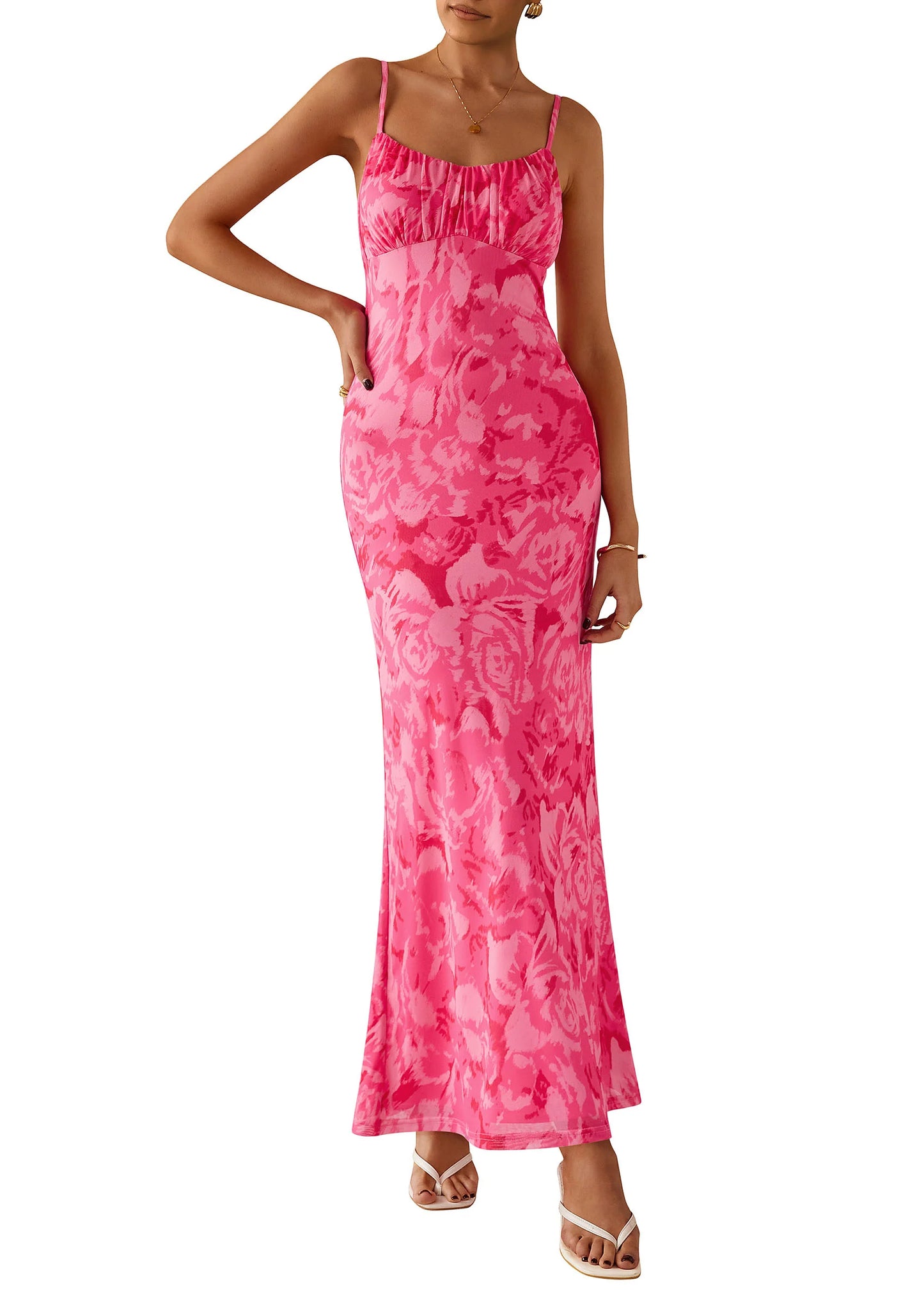 Women's Bodycon Maxi Dress Floral Sundress Sleeveless Spaghetti Strap Cocktail Party Dress