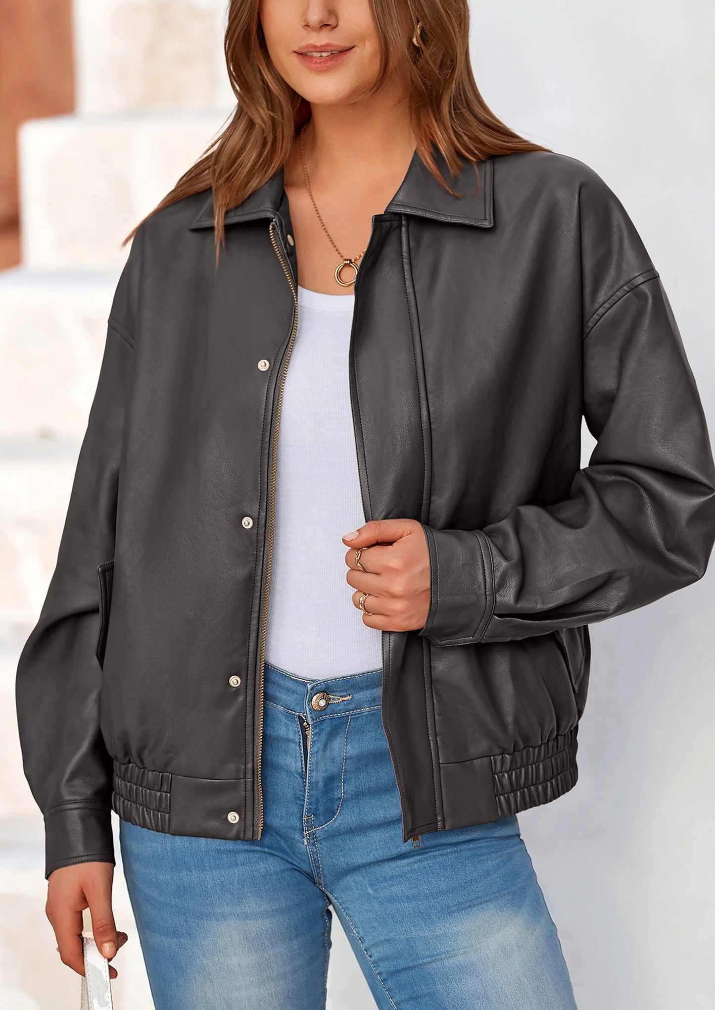 Women's Faux Leather Motorcycle Jacket Trendy Fall Spring Clothes Oversized Zip Up Winter Coat Outerwear