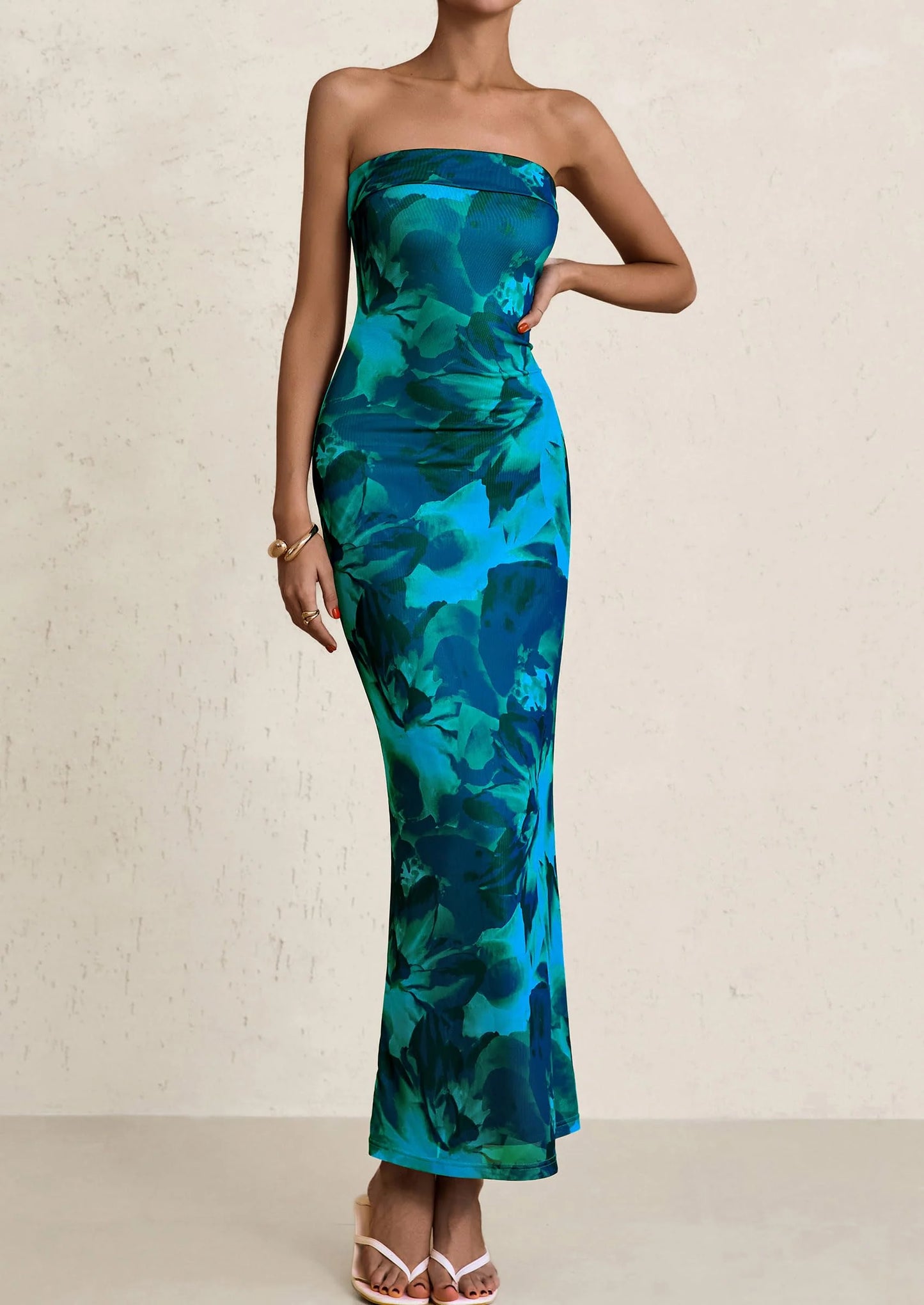 Womens Printed Tube Maxi Dress Strapless Bodycon Sleeveless Night Out Long Dresses