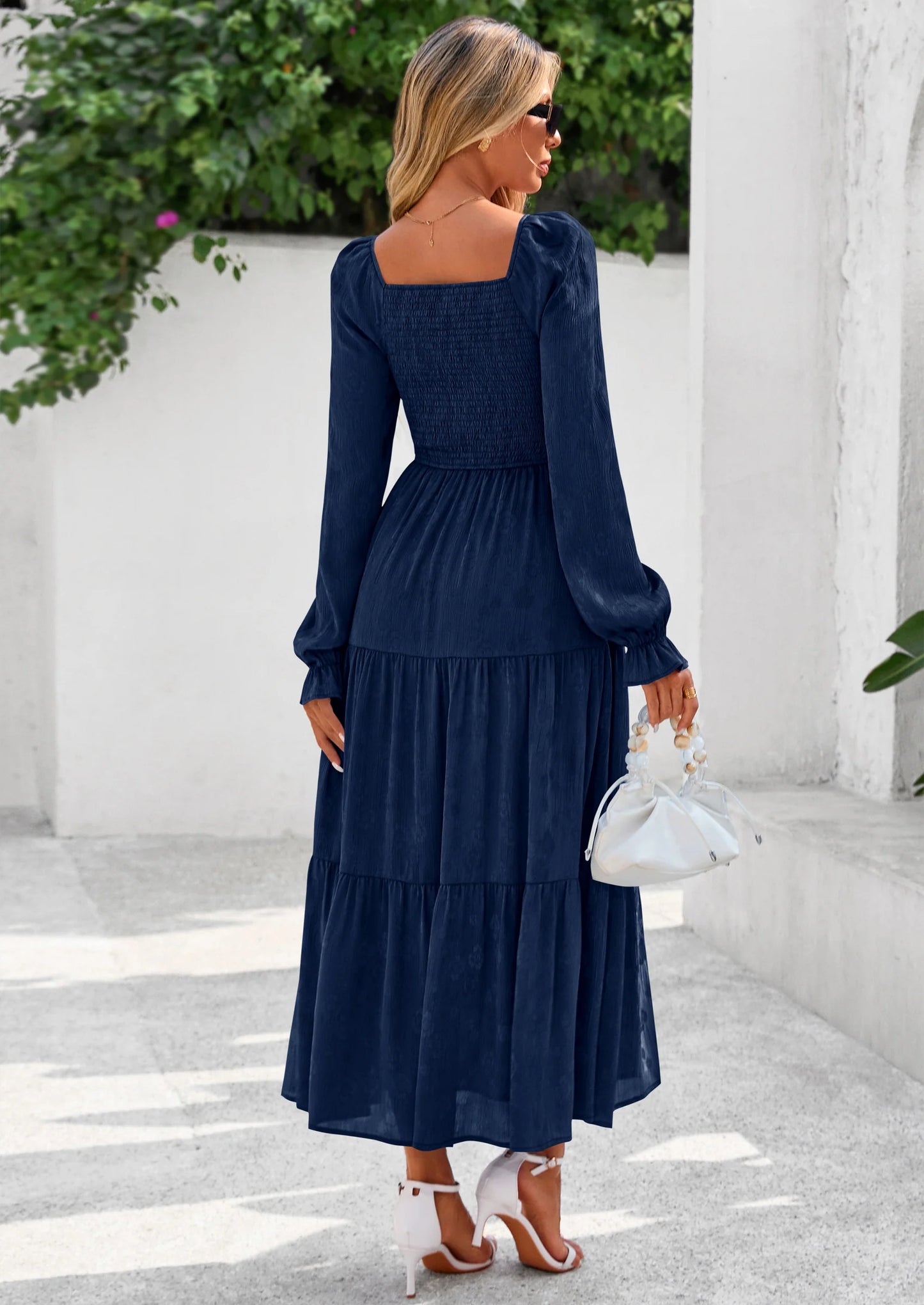 Fall Wedding Guest Dresses for Women Floral Long Sleeve Smocked Tiered Elegant Long Flowy Boho Dress