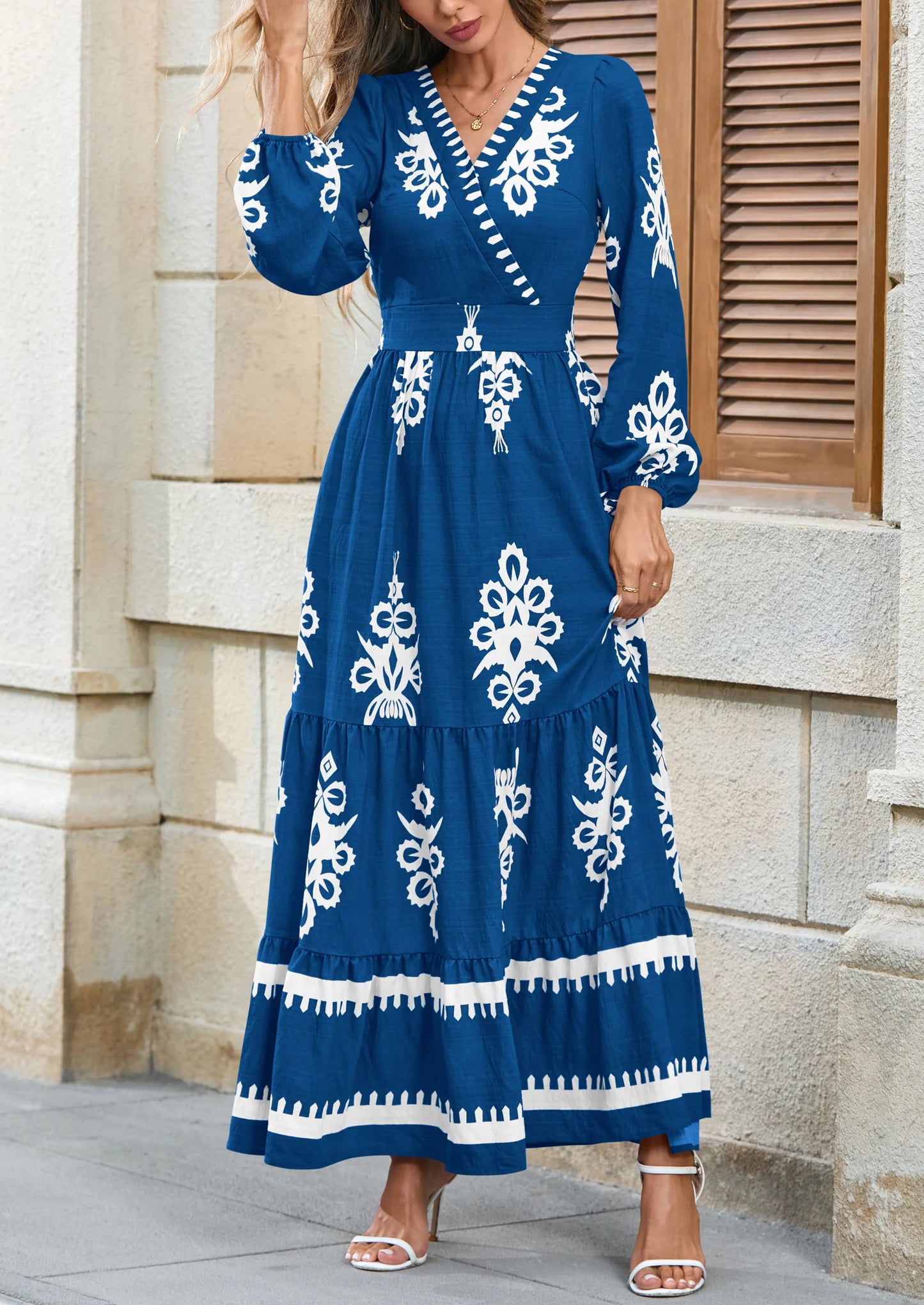Women's Fall Wedding Guest Dresses Boho Floral Long Sleeve V Neck Flowy Elegant Maxi Dress Beach Clothes