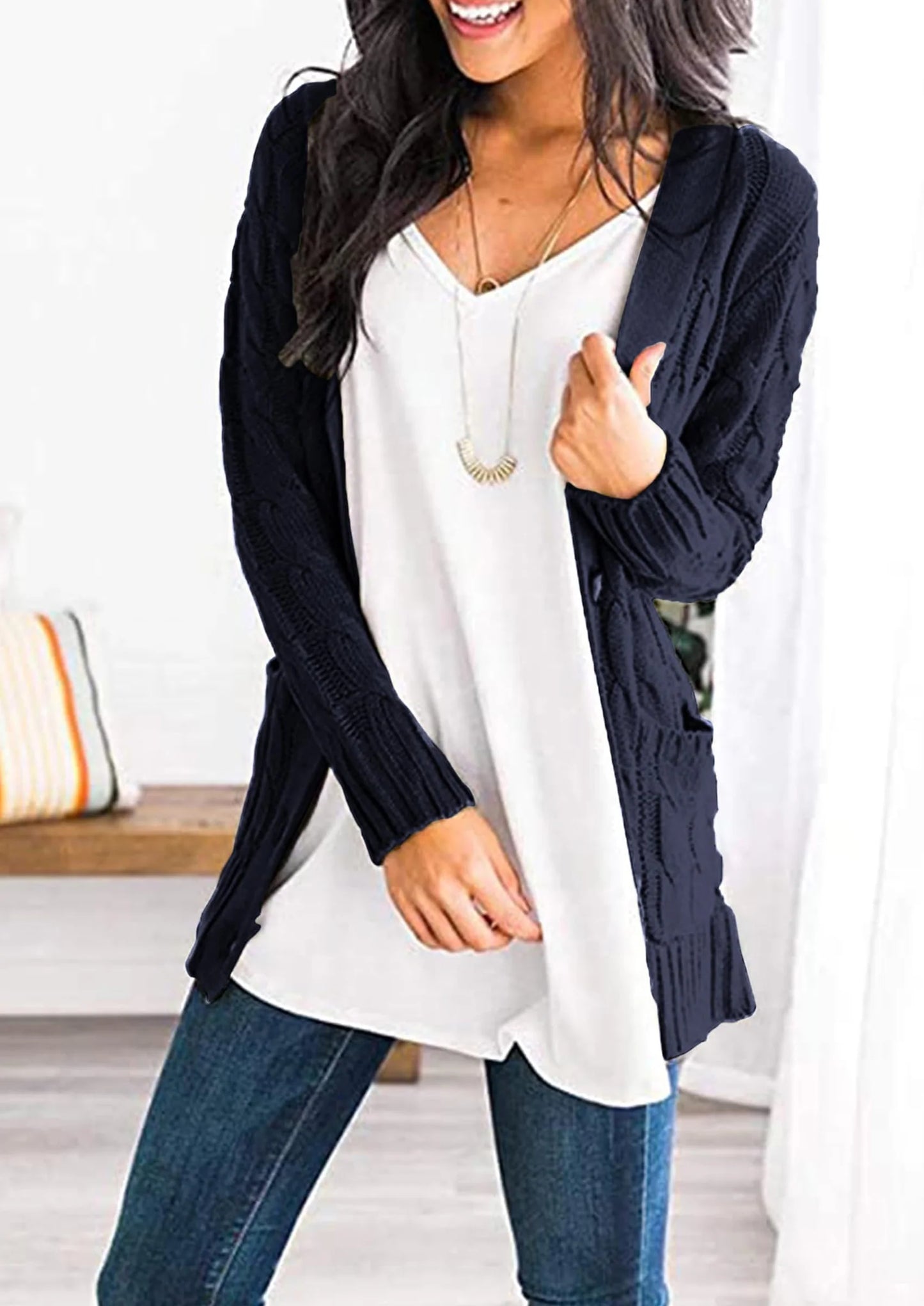 Women's Open Front Cardigan Sweaters Fall Fashion Button Down Cable Knit Chunky Winter Outerwear Coats