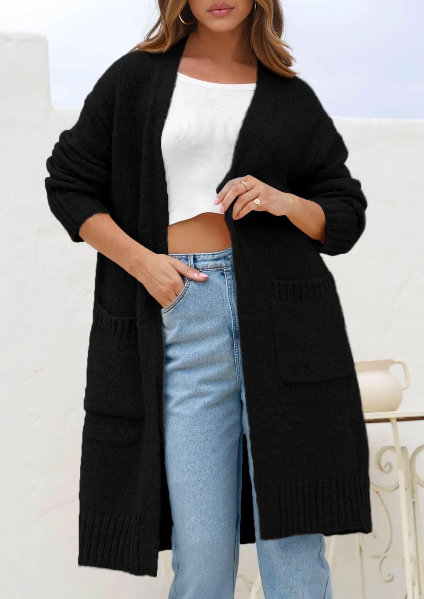 Fall Long Sleeve Cardigan Sweaters for Women Trendy Winter Open Front Loose Knitted Cardigans with Pockets