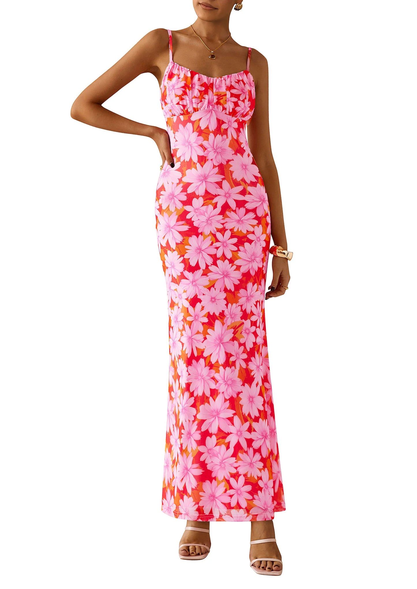 Women's Bodycon Maxi Dress Floral Sundress Sleeveless Spaghetti Strap Cocktail Party Dress