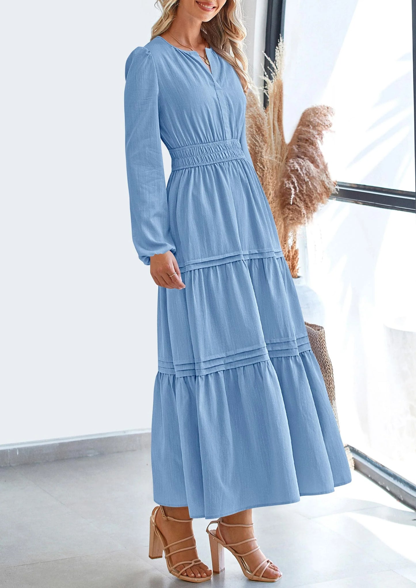 Women's Elegant Maxi Dresses Long Sleeve V Neck Flowy Pockets Casual Modest Dress Fall Fashion Clothes