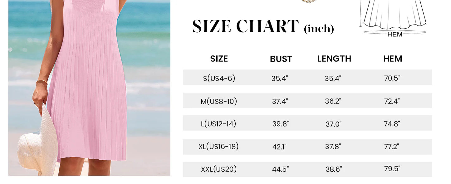Womens Summer Sleeveless Mini Dress Crewneck Loose Tank A Line Pleated Swing Flowy Party Dresses