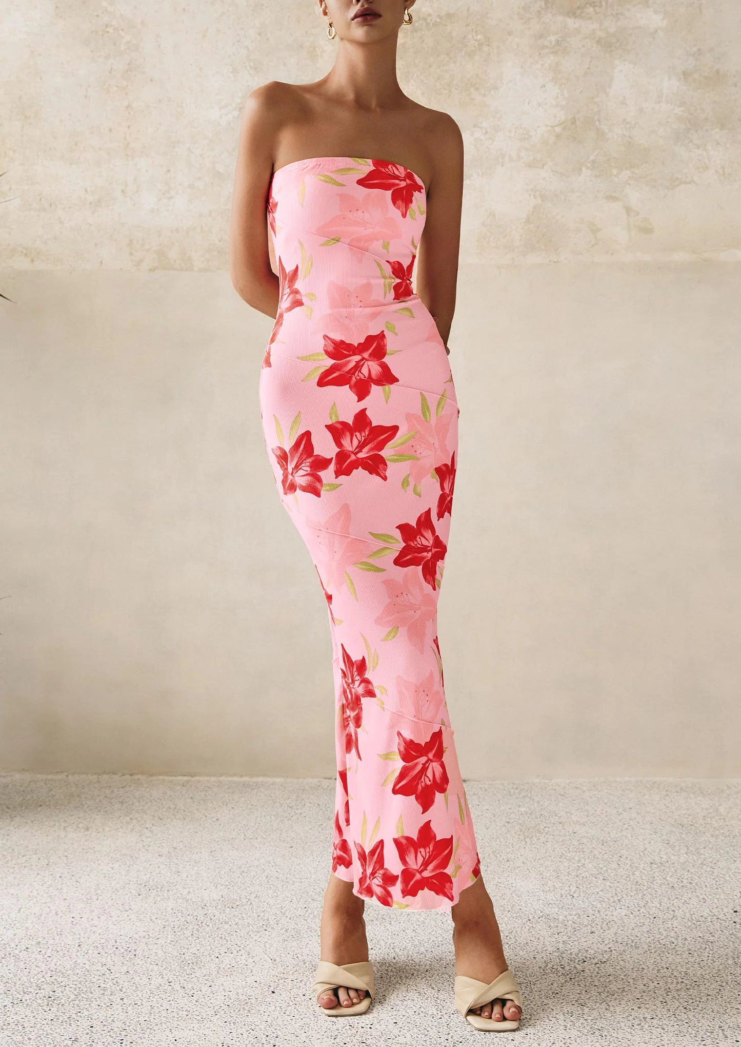 Women's Floral Bodycon Maxi Dresses Ribbed Strapless Tube Casual Boho Party Long Dress