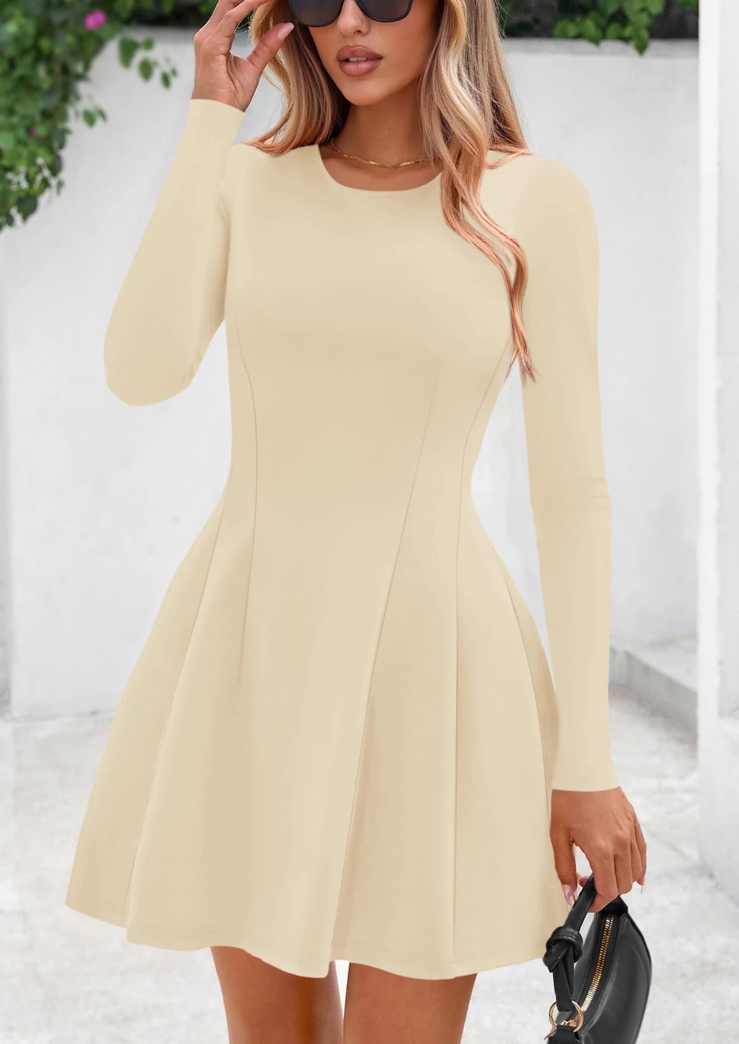 Long Sleeve Mini Dress for Women Fall Crewneck Knit Pleated Babydoll A Line Soft Casual Short Party Dresses