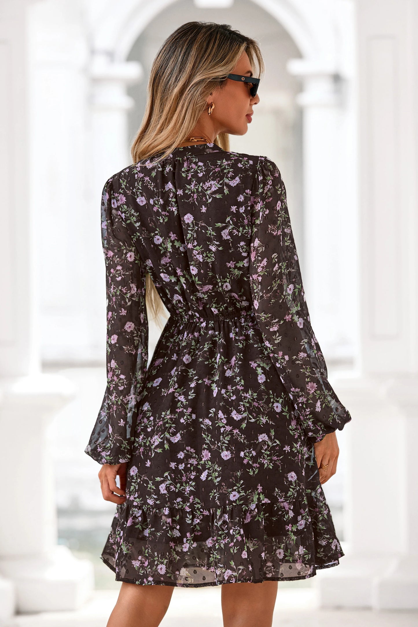 Women's Fall Boho Dresses Floral Long Sleeve V Neck Mini Flowy Wedding Guest Dress Trendy Vacation Outfits