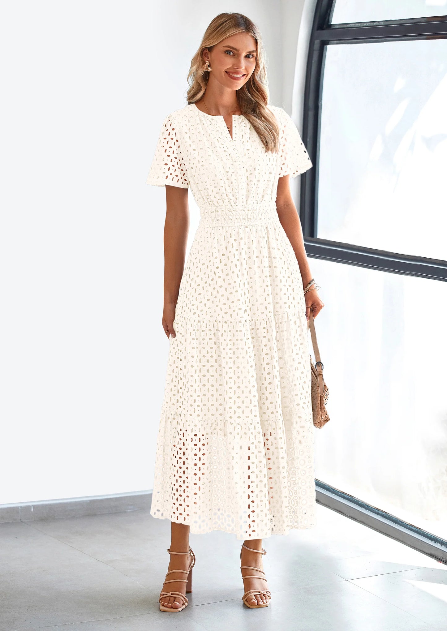 Womens Maxi Dress Short Sleeve V Neck Hollow Out Eyelet A Line Long Flowy Beach Vacation Dresses