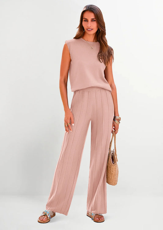 Women's 2 Piece Outfits Knit Loungewear High Low Pullover Tops and Wide Leg Pants Casual Sweater Sets Tracksuits