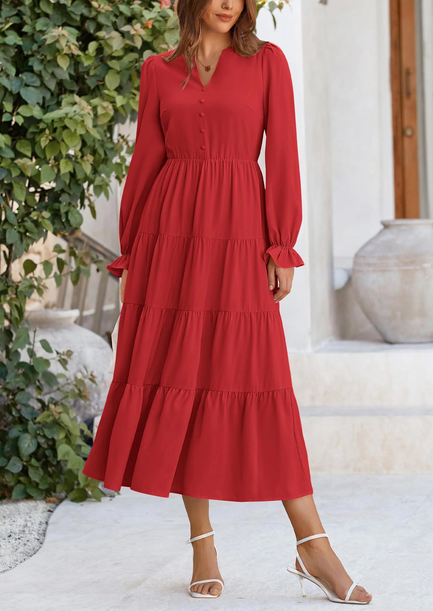 Women Fall Long Sleeve Smocked Maxi Dress Casual Square Neck Swiss Dot Tiered Ruffle Flowy Spring Pocket Dresses