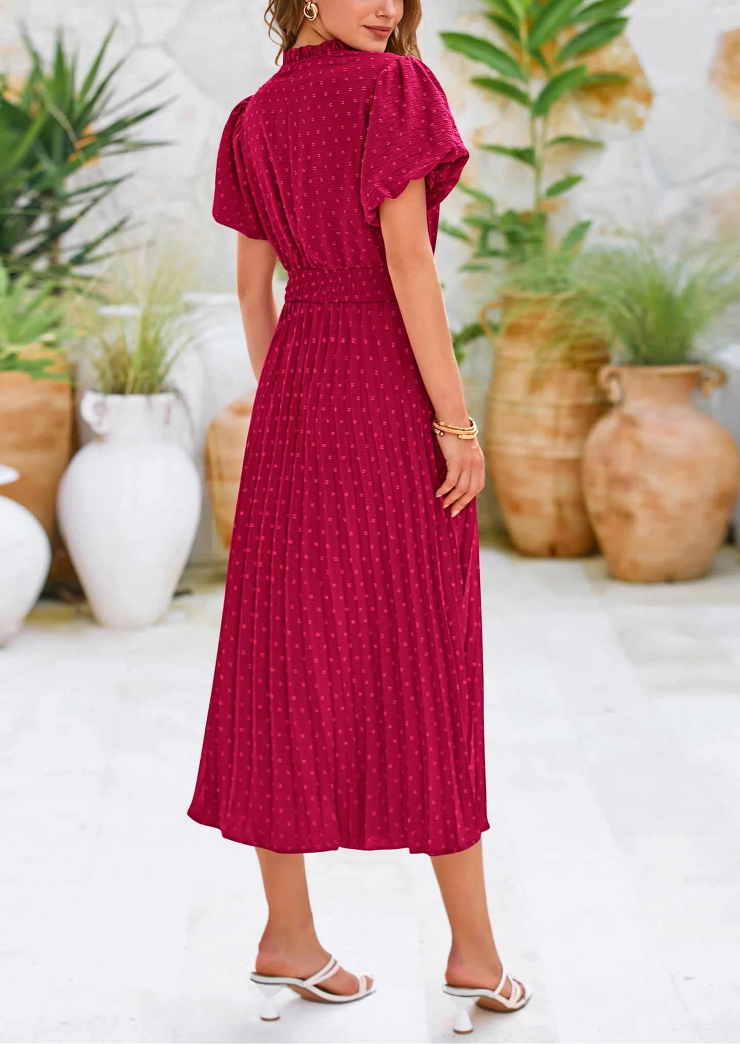 Womens Midi Dresses Puff Short Sleeve V Neck Swiss Dot Pleated A Line Flowy Long Wedding Guest Dress
