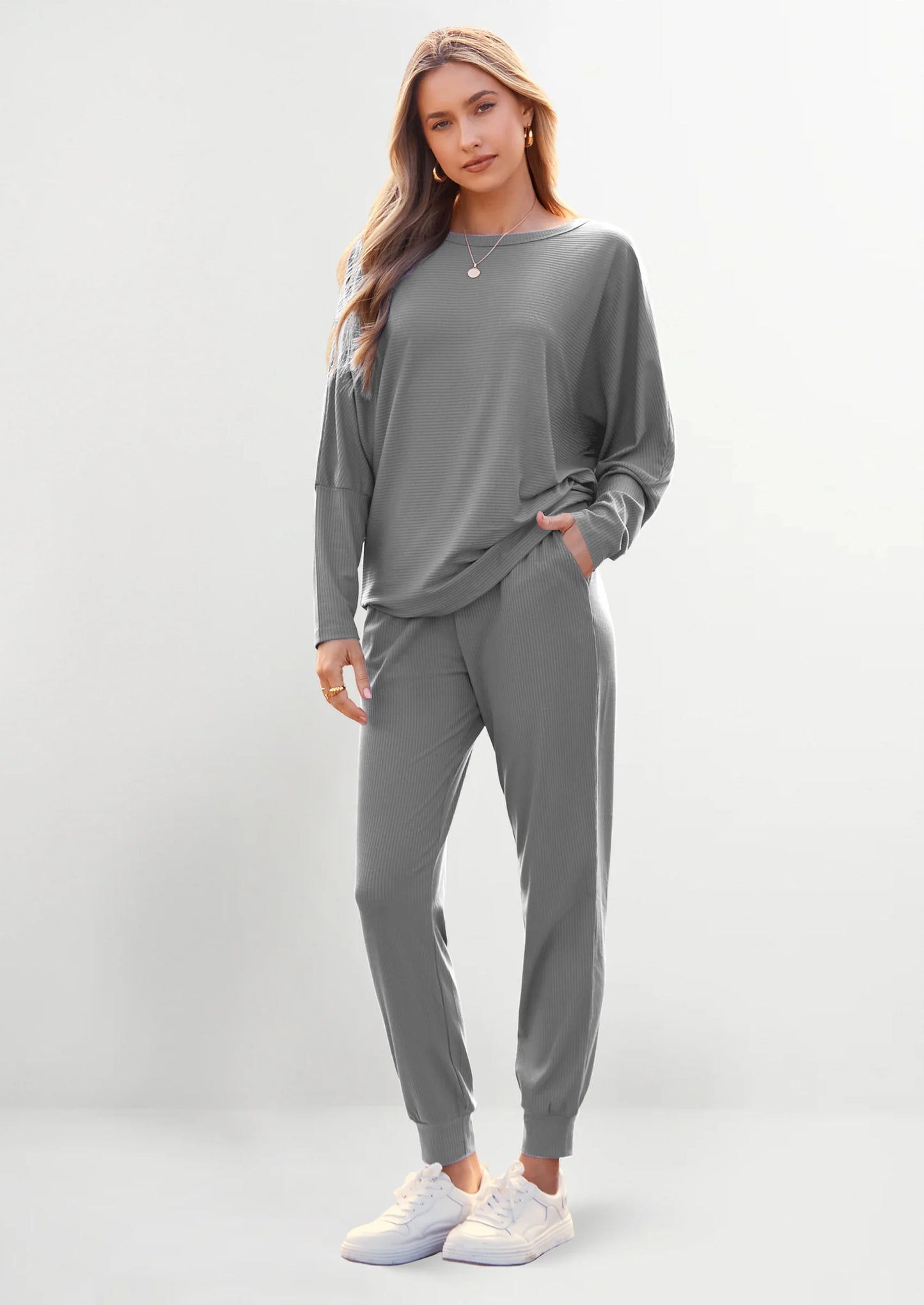 Women's Fall 2 Piece Lounge Set Long Sleeve Tops Ribbed Pants Spring Matching Sweatsuit Travel Outfits Clothes