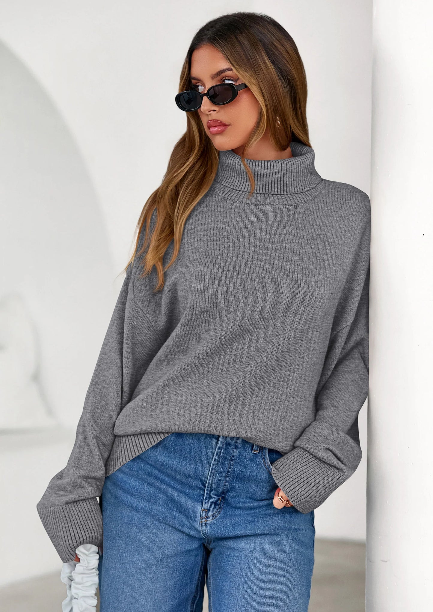 Womens Turtleneck Long Sleeve Sweater Fall Trendy Loose Fit Casual Tops Chunky Knit Pullover Sweaters