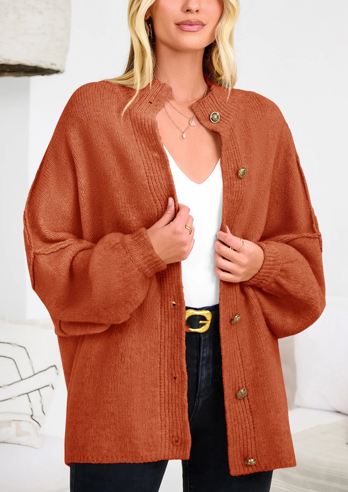 Women's Winter Button Down Cardigan Sweaters Mock Neck Lantern Long Sleeve Chunky Knit Jacket Trendy Outerwear