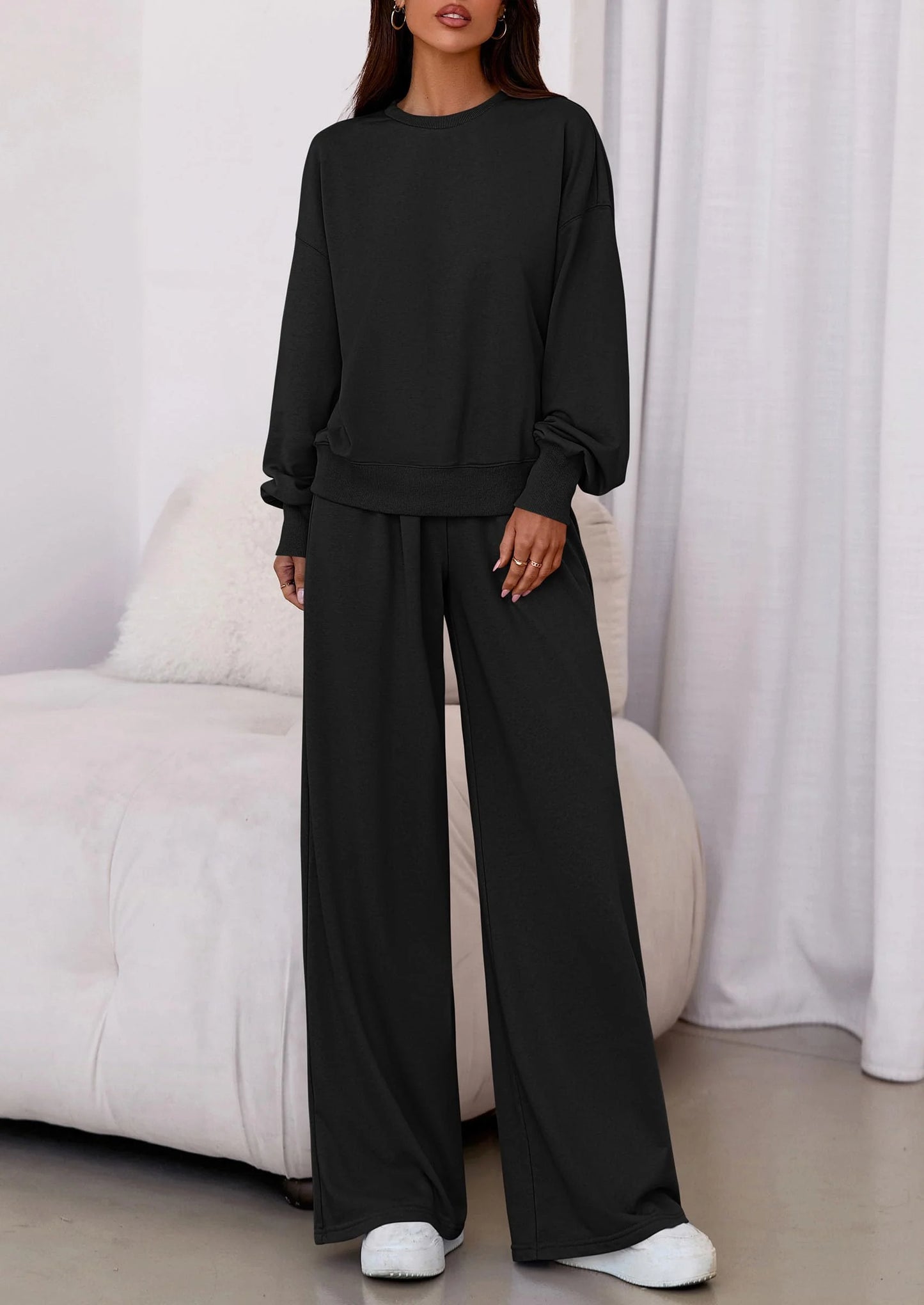 Womens 2 Piece Sets Long Sleeve Sweatshirt Wide Leg Pants Loose Matching Lounge Set Trendy Fall Outfits