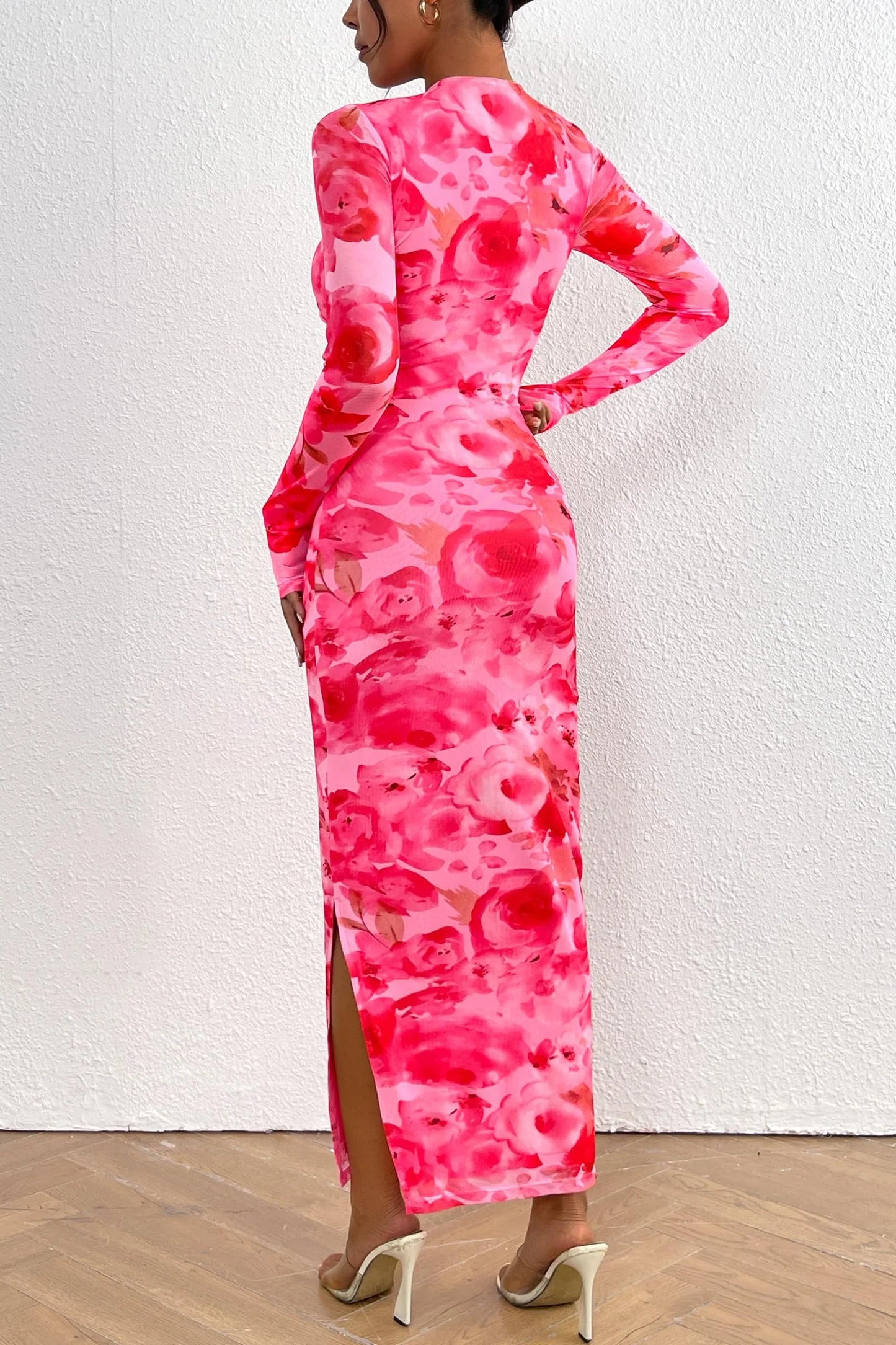 Women's Bodycon Maxi Dress Fall Spring Fashion Long Sleeve Floral Print Tight Fitted Party Club Ruched Dresses