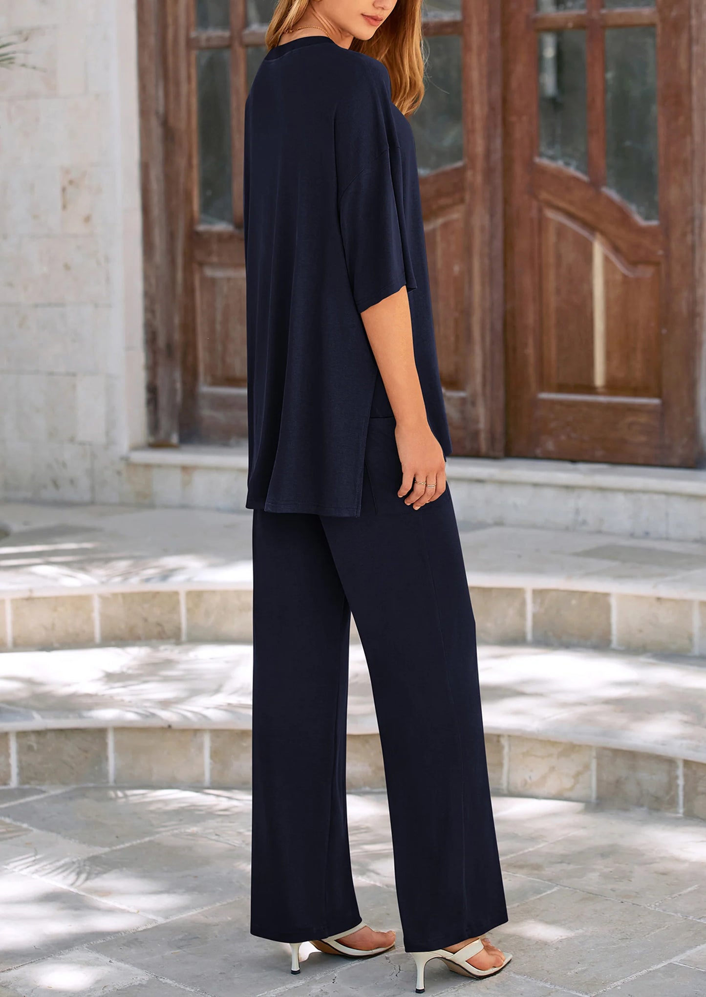 Women's 2 Piece Outfits Casual Short Sleeve Pullover Tops and Wide Leg Pants Lounge Sets Tracksuits