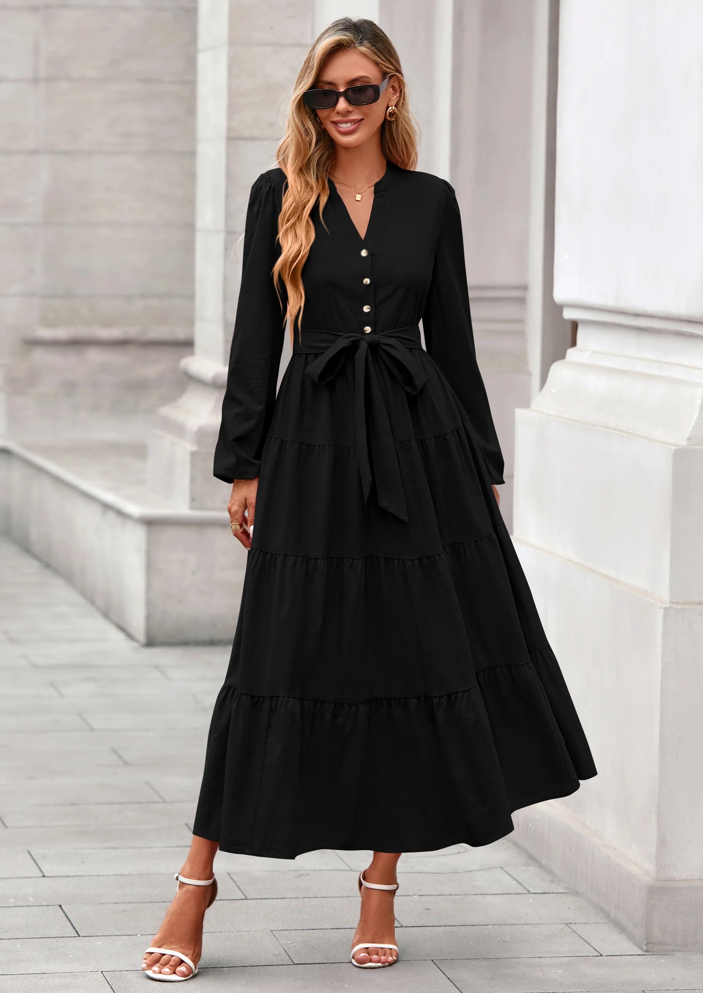 Fall Dresses for Women Long Sleeve V Neck Belted Ruffle A Line Flowy Boho Maxi Wedding Guest Dress Pockets
