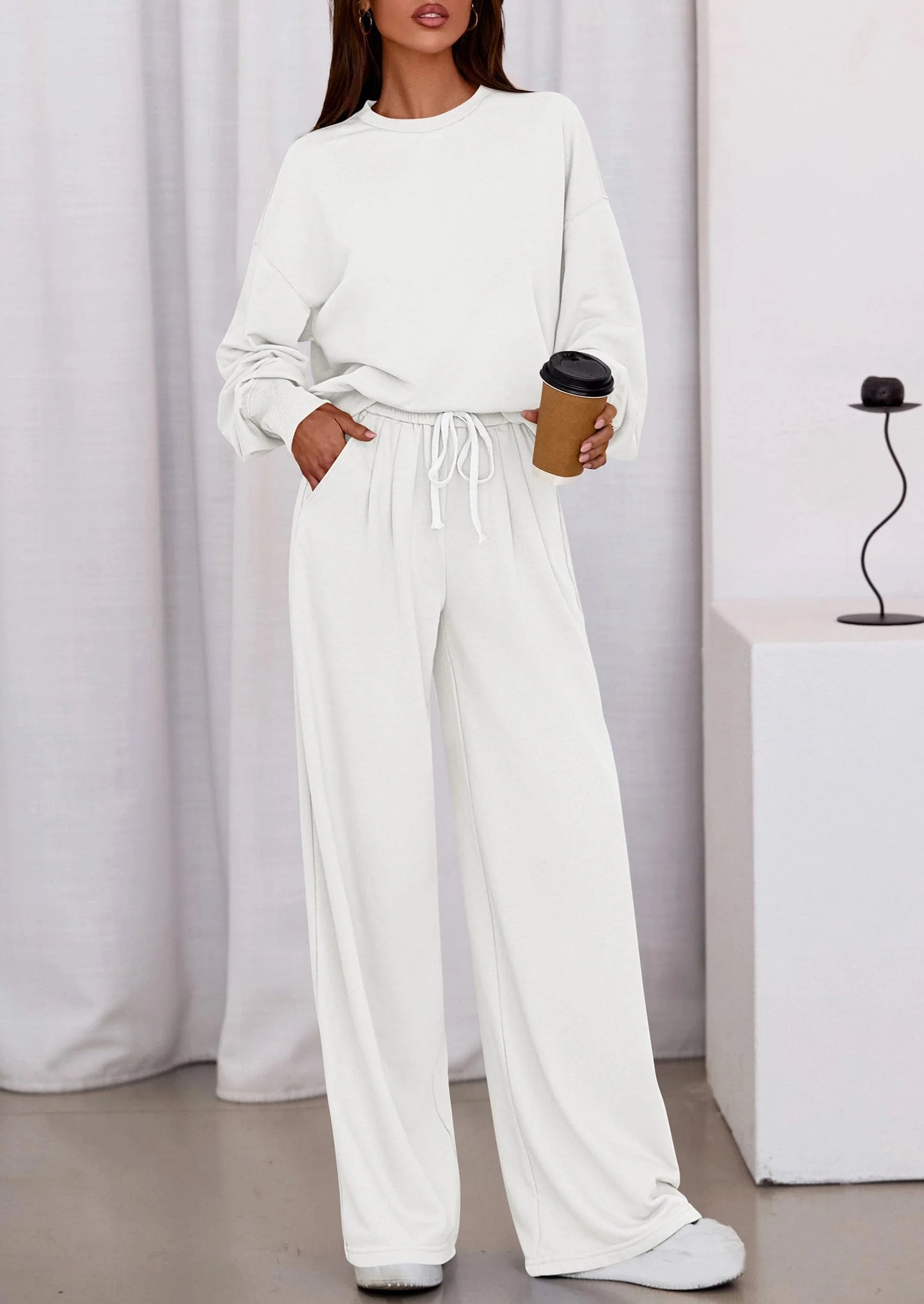 Womens 2 Piece Sets Long Sleeve Sweatshirt Wide Leg Pants Loose Matching Lounge Set Trendy Fall Outfits