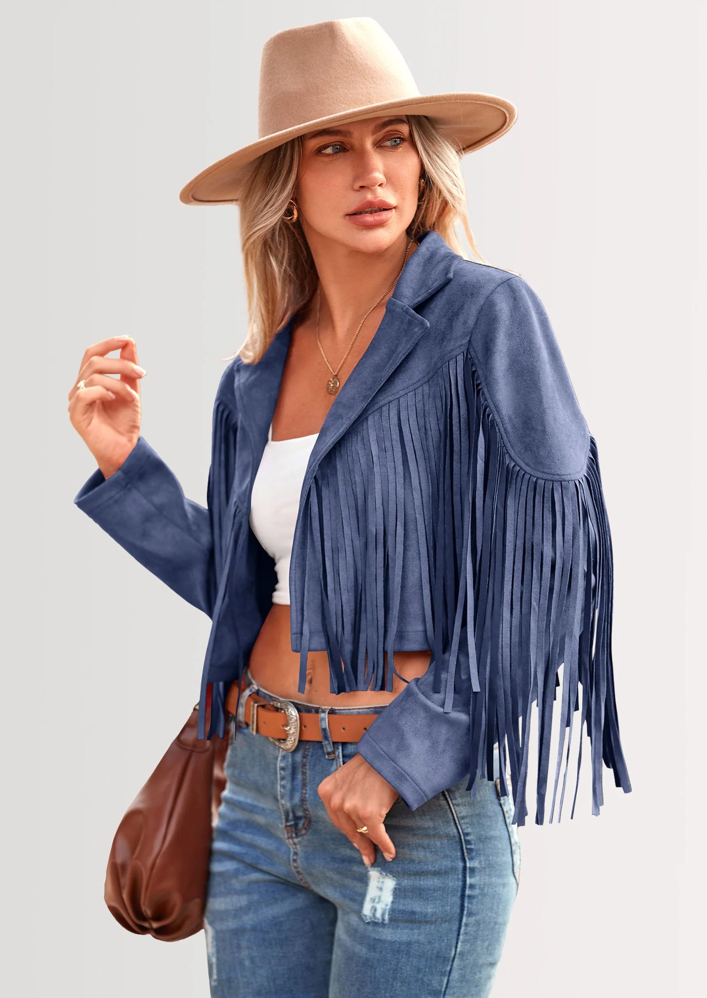 Women's Fringe Faux Suede Leather Jackets Fashion Tassel Motorcycle Cropped Coats