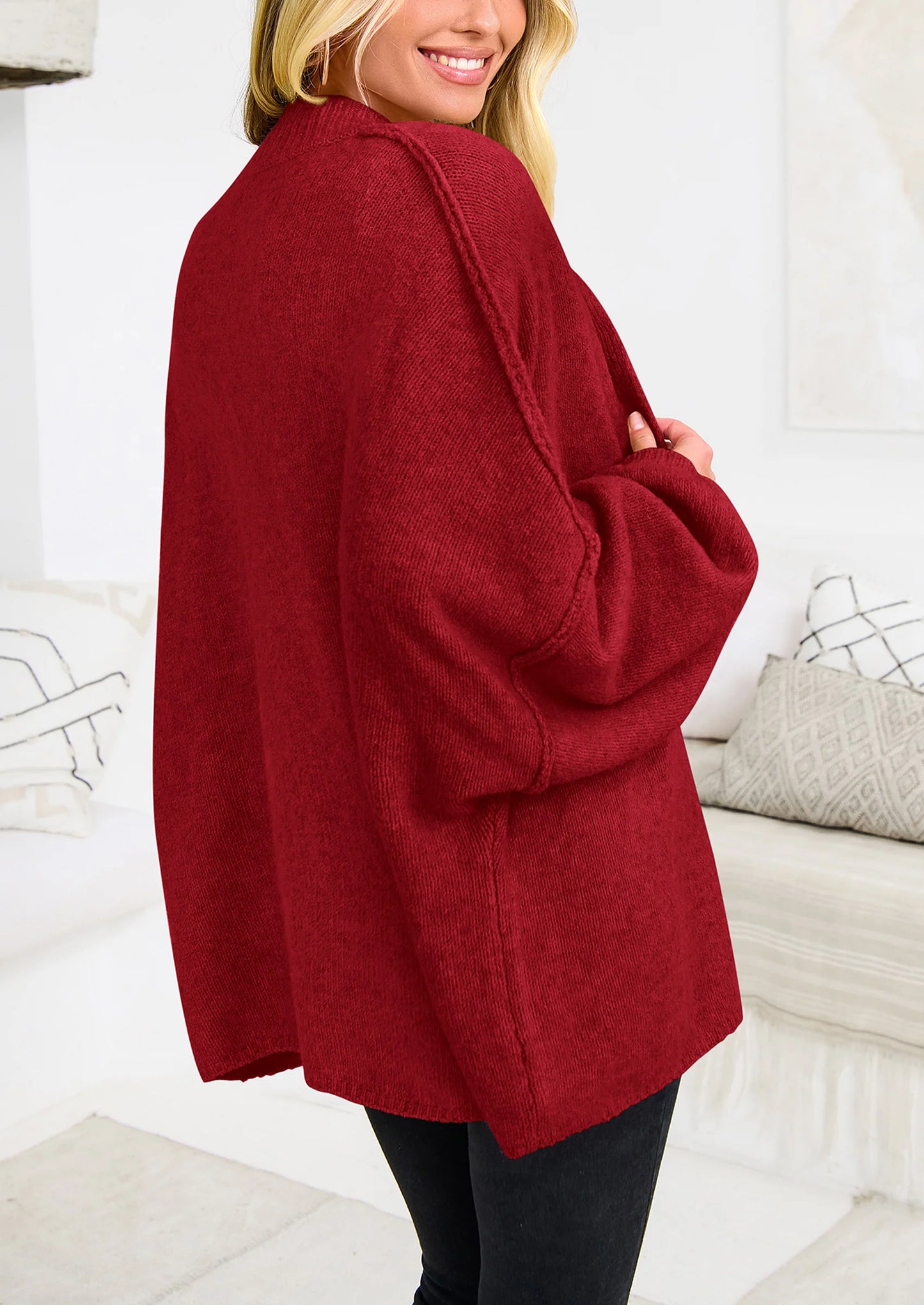 Women's Winter Button Down Cardigan Sweaters Mock Neck Lantern Long Sleeve Chunky Knit Jacket Trendy Outerwear
