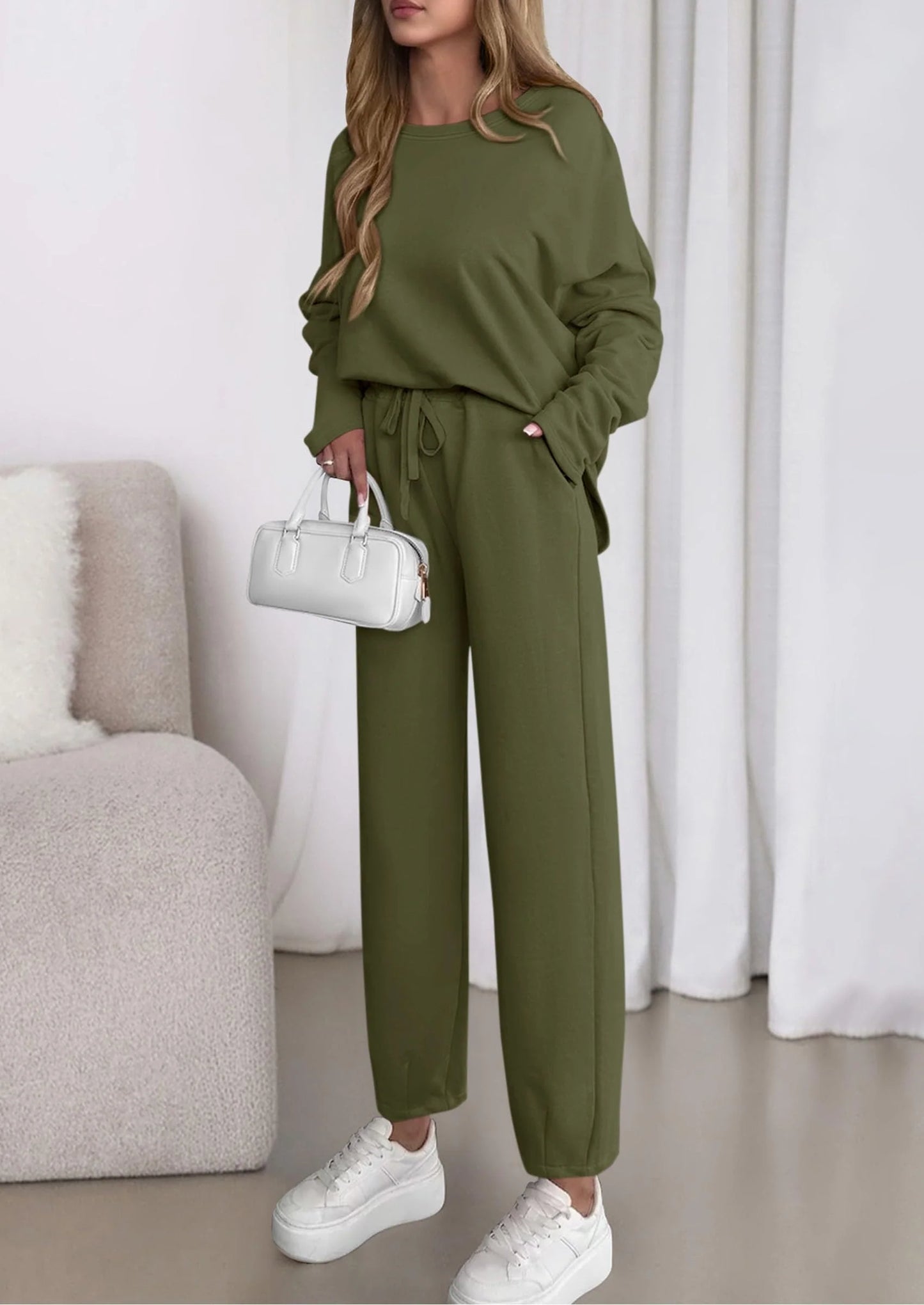 Womens 2 Piece Matching Lounge Sets Fall Long Sleeve Boatneck Sweatsuit Drawstring Sweatpants Pockets