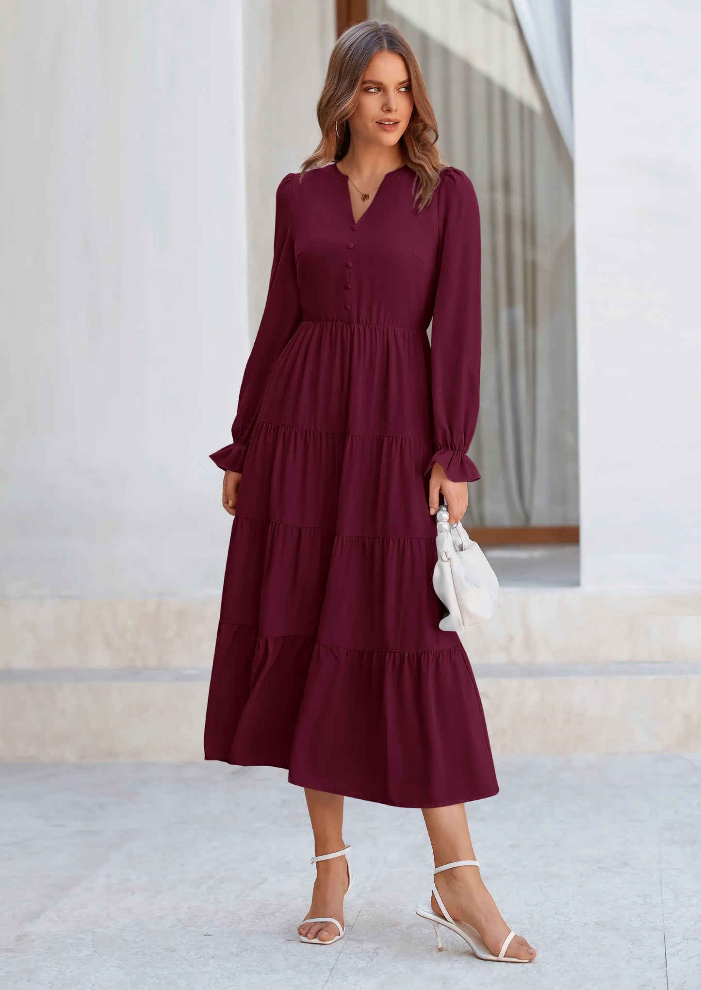 Women Fall Long Sleeve Smocked Maxi Dress Casual Square Neck Swiss Dot Tiered Ruffle Flowy Spring Pocket Dresses
