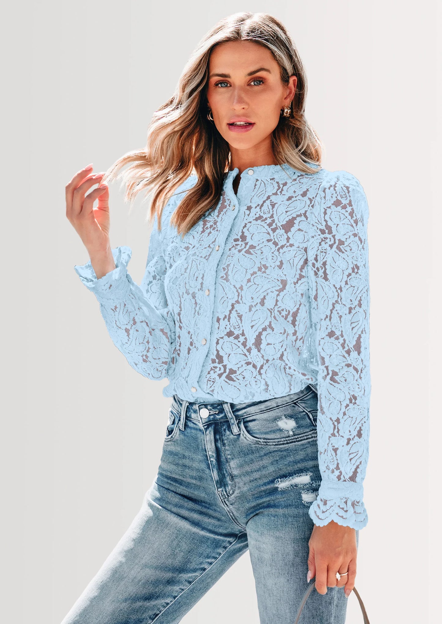 Women's Dressy Casual Lace Blouse Long Sleeve Button Up Shirts Tops Spring Fall Fashion Clothes