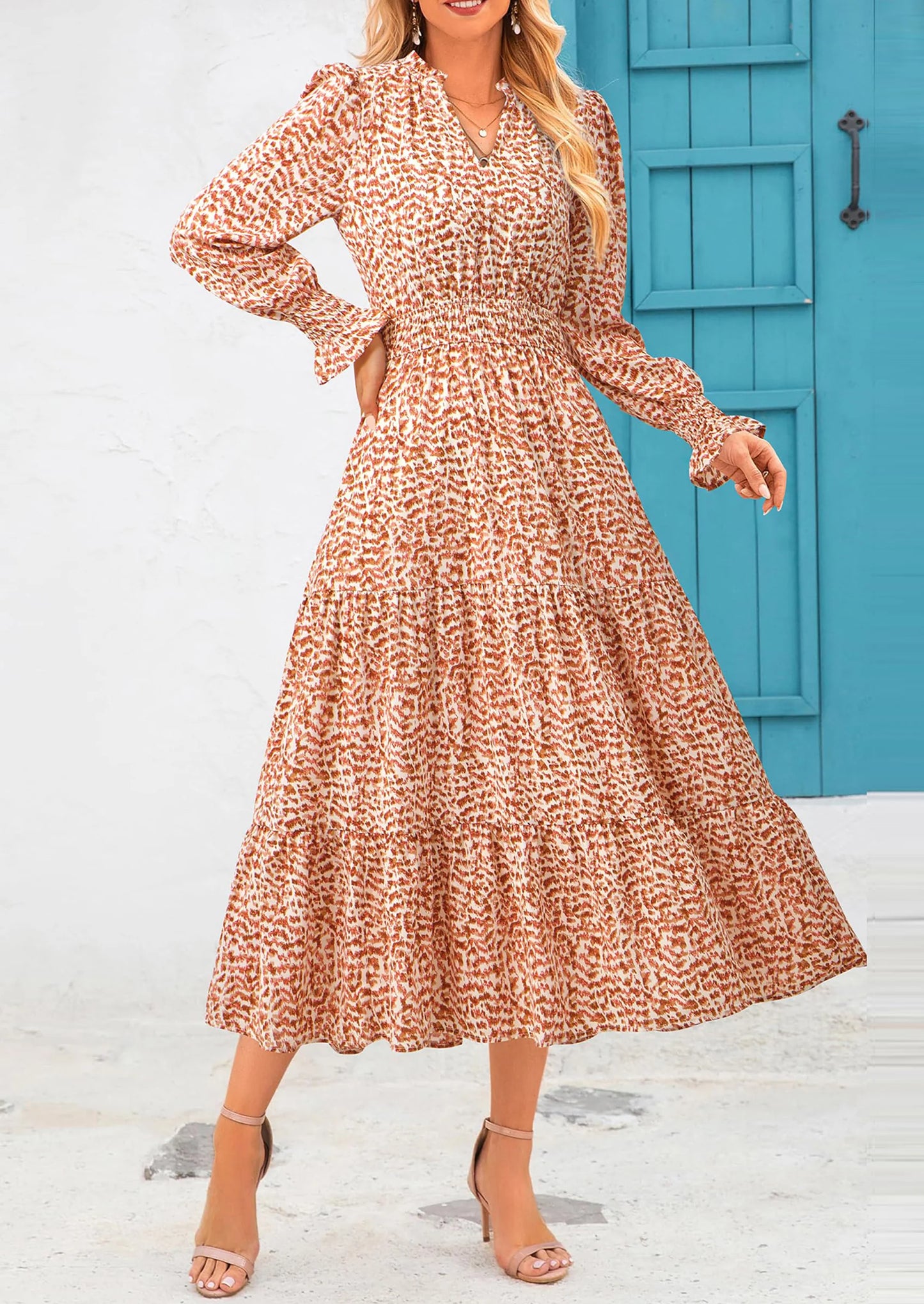 Women's Floral Maxi Dress Spring Long Sleeve V Neck Casual A Line Long Flowy Boho Party Dresses