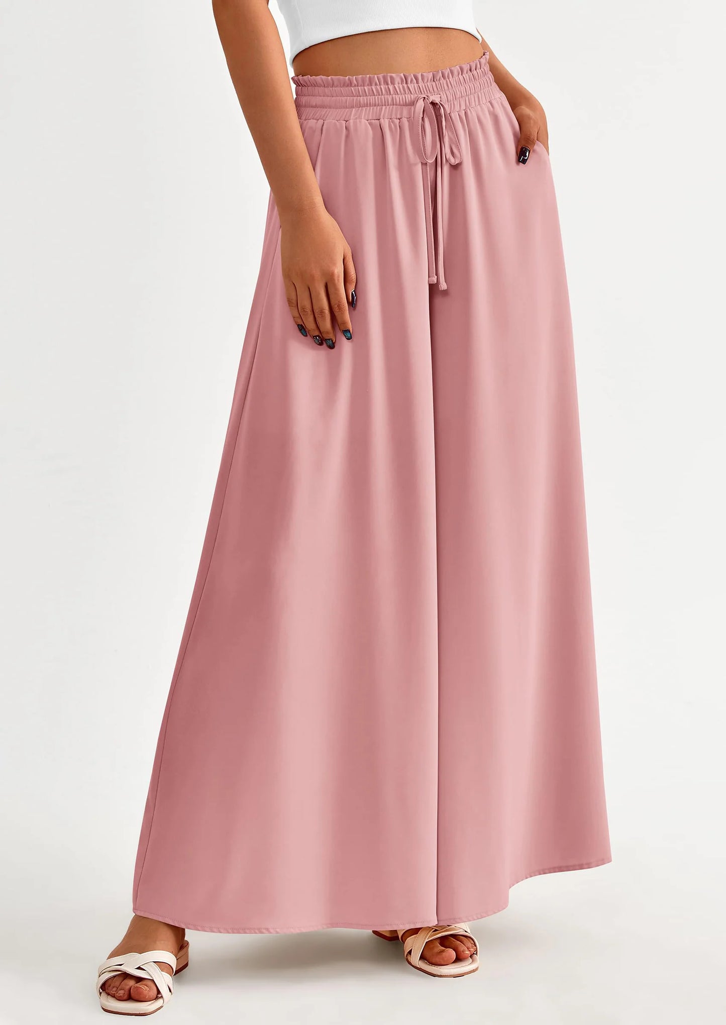 Women's Summer Wide Leg Palazzo Pants High Waisted Flowy Pockets Trendy Casual Lounge Boho Beach Trousers