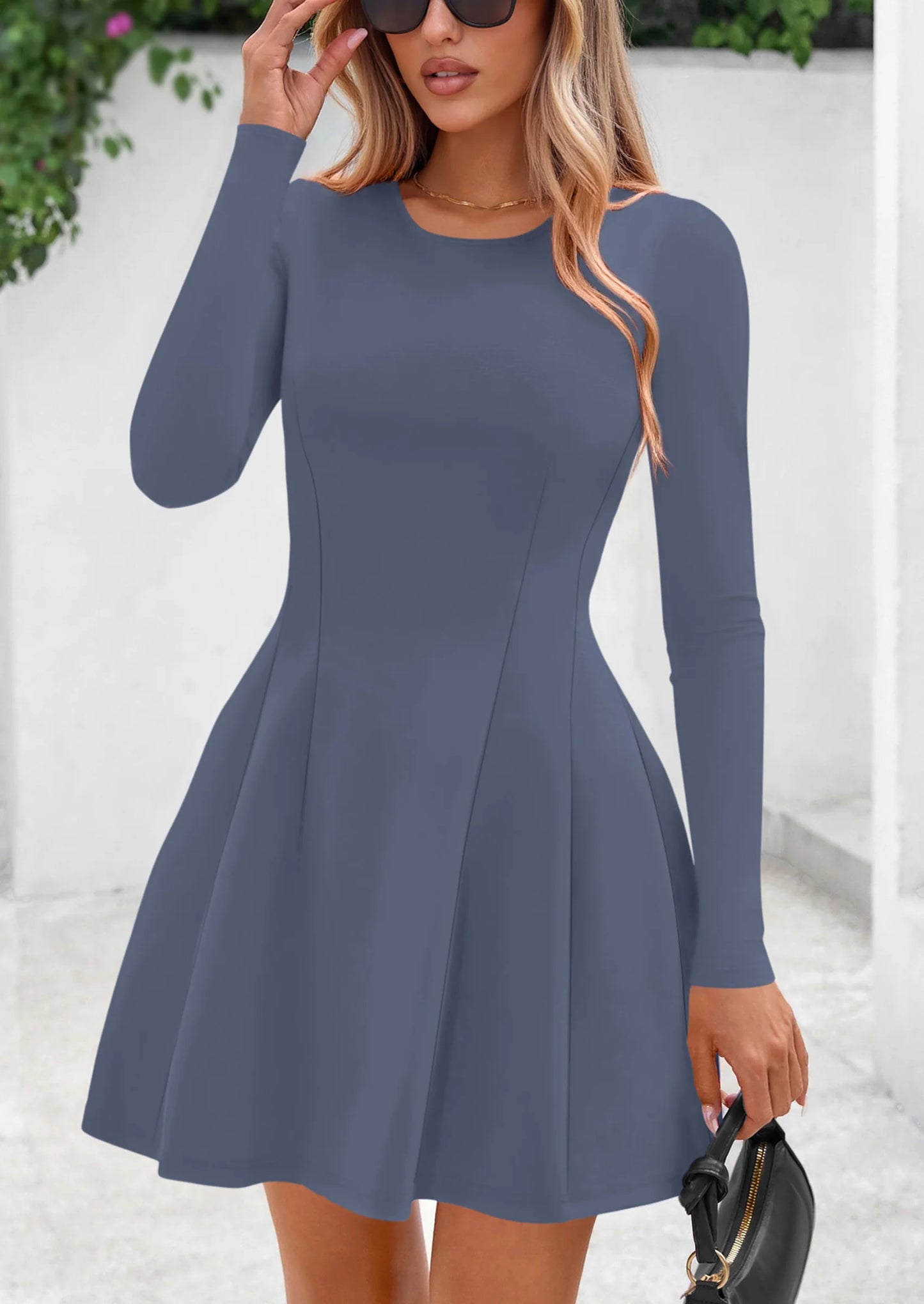 Long Sleeve Mini Dress for Women Fall Crewneck Knit Pleated Babydoll A Line Soft Casual Short Party Dresses